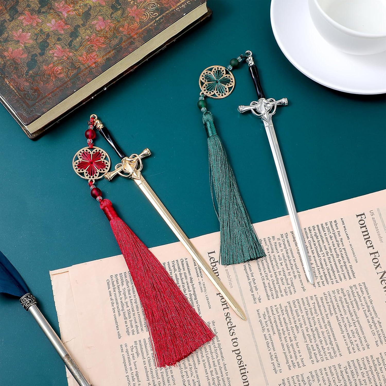 Jeffdad 2Pcs Sword Katana Bookmark Vintage Tassel Metal Pendant Bookmarks Unique Book Lovers Presents Valentine'S Day Gifts Thanks Gift for Boyfriend image number 1