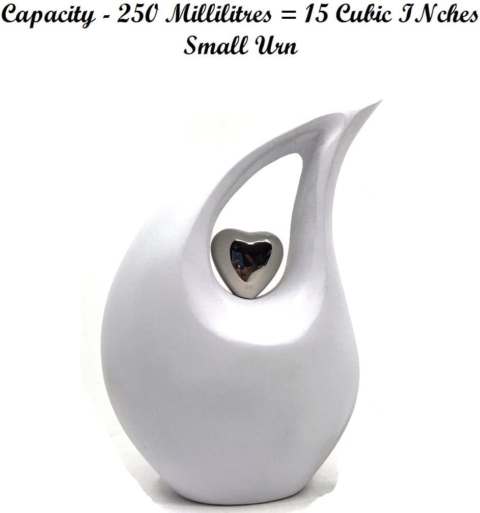 KEEPSAKE COMPANY White Tear Drop Medium Urns for Human Ashes with Silver Heart (6 Inch Height)-Unique Medium Urn-Decorative Urns-Cremation Urn-Burial Urns-Keepsake Urn-Funeral Urn-Funeral Urns