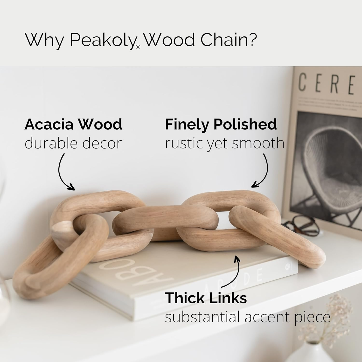 PEAKOLY Wood Chain Home Decor - Acacia Wood Chain Link Decor, Coffee Table Accessories, Bookshelf Decorations, Sculpture for Shelves, Wooden Decorative Objects, Link Ornament, Living Room Accents