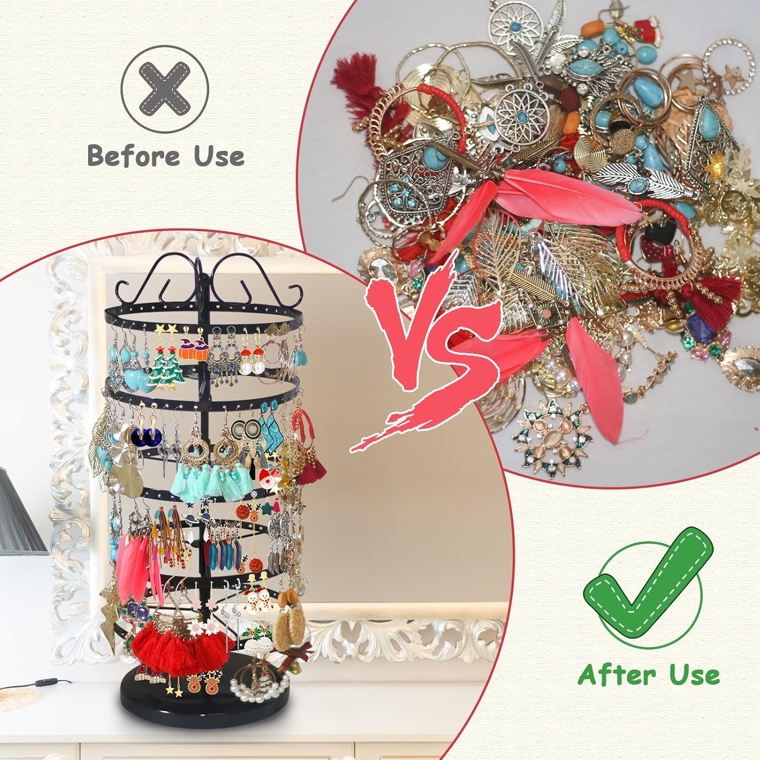 5 Tiers Rotating Earring Holder Organizer, Metal Spinning Earring Display Stand 220 Holes - Adjustable Earring Storage Rack - Earring Tree Organizer for Girls Women (Black) image number 6