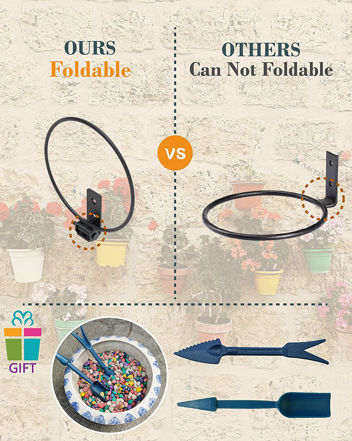 6 Inch Foldable Flower Pot Holder Ring for Wall Mount &ndash; Heavy Duty Metal round Planter Hooks Hangers - Fence Pot Plant Holders Hanging Bracket for Outdoor Indoor (6 Inch 6 Pack)