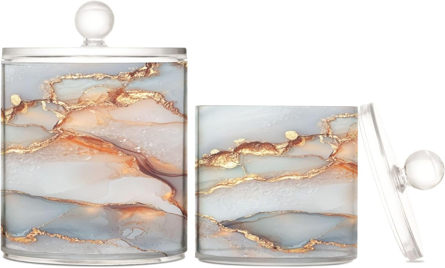 Marble White Sage Green Clear Plastic Makeup Organizer Storage with Lid Dresser Essentials Decorative Storage Bins for Floss Picks,Paper Clips,2 Pack - Color 11 image number 3