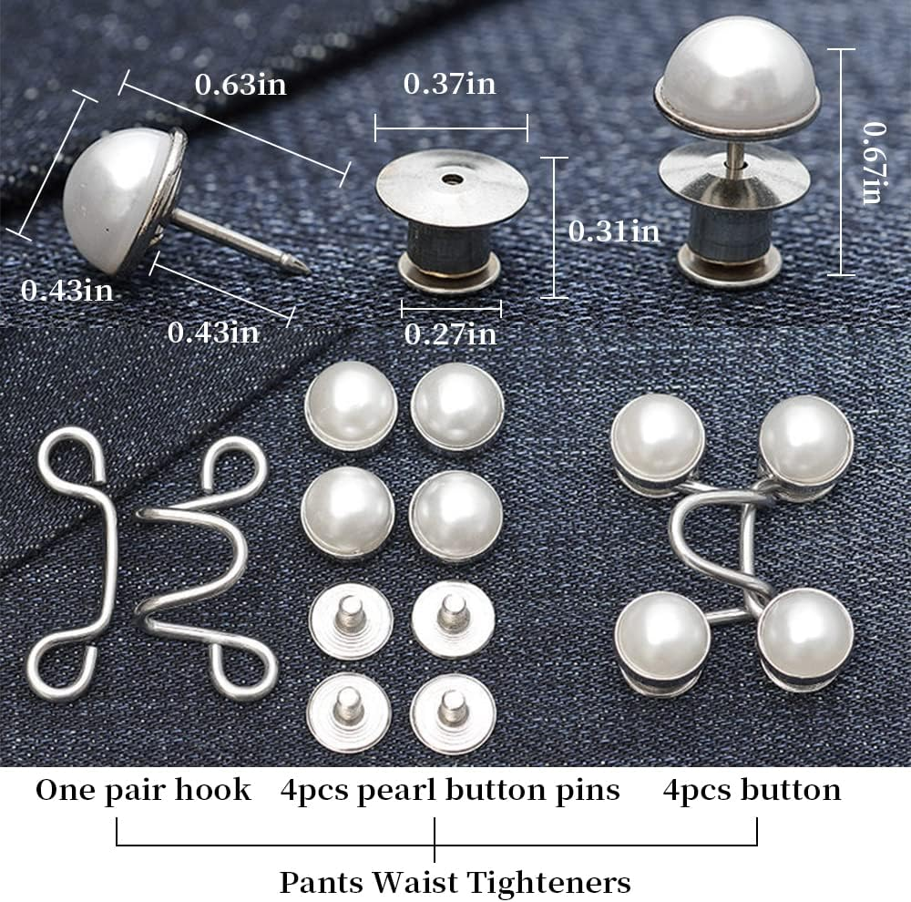 8 Set Pant Waist Tightener, Adjustable Waist Buckle Set, Jean Buttons Pins, No Sewing Required, Jeans Button Replacement Pant Clips for Women Skirt Pant Jeans（White Black Pearl） - 6Pc Black image number 4