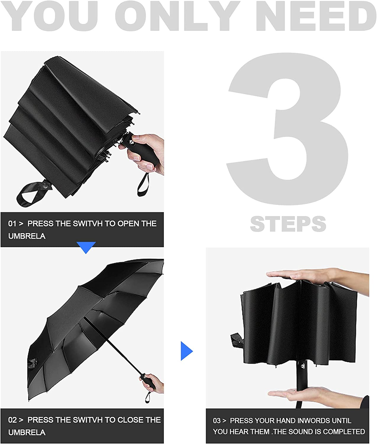 Feimvb Travel Umbrella, Windproof Automatic Umbrella Compact Sized Portable Personal Umbrella with 10 Rib Reinforced Canopy and Auto Open & Close Function