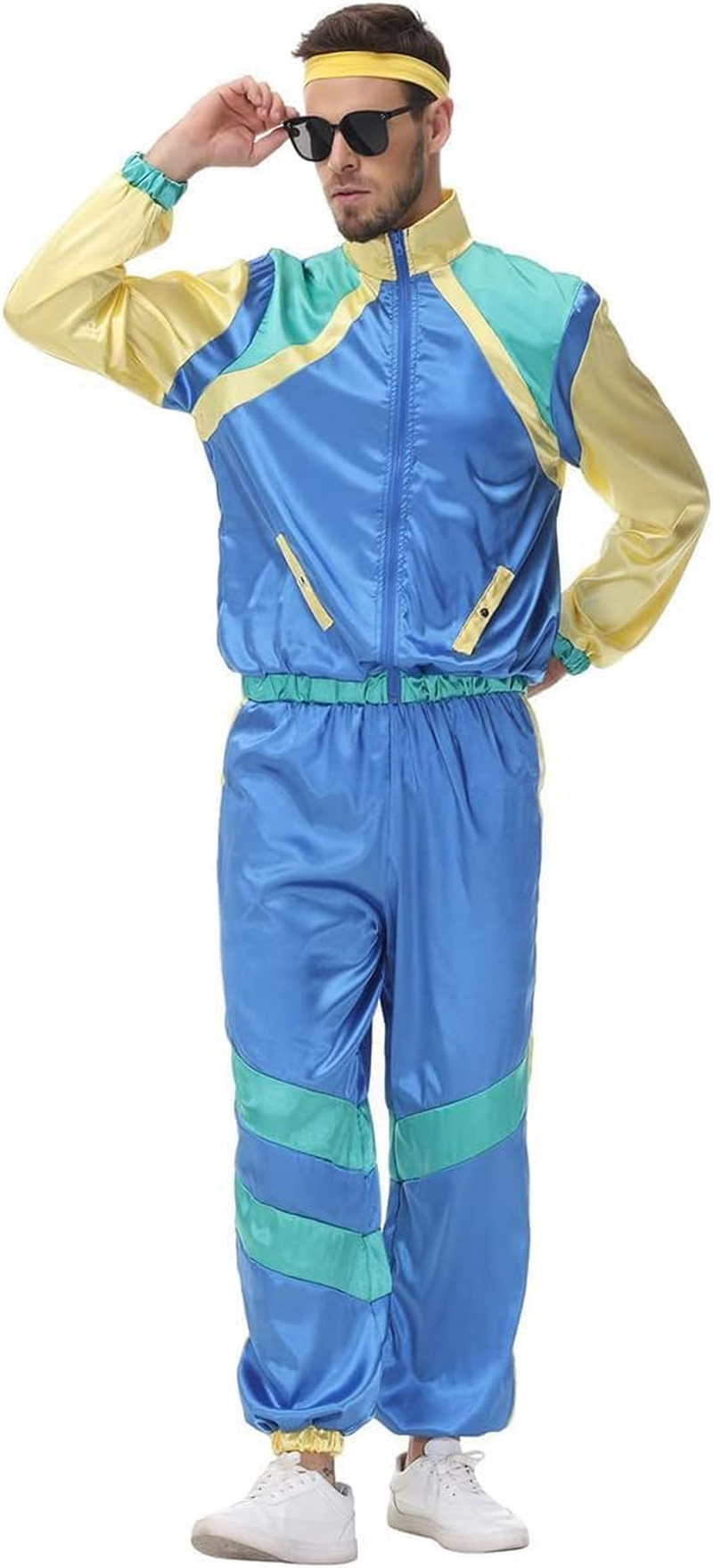 Women Men 80S 90S Costume Color Block Tracksuit Windbreaker Long Sleeve Zip Front Jacket Pants Headband Set image number 4