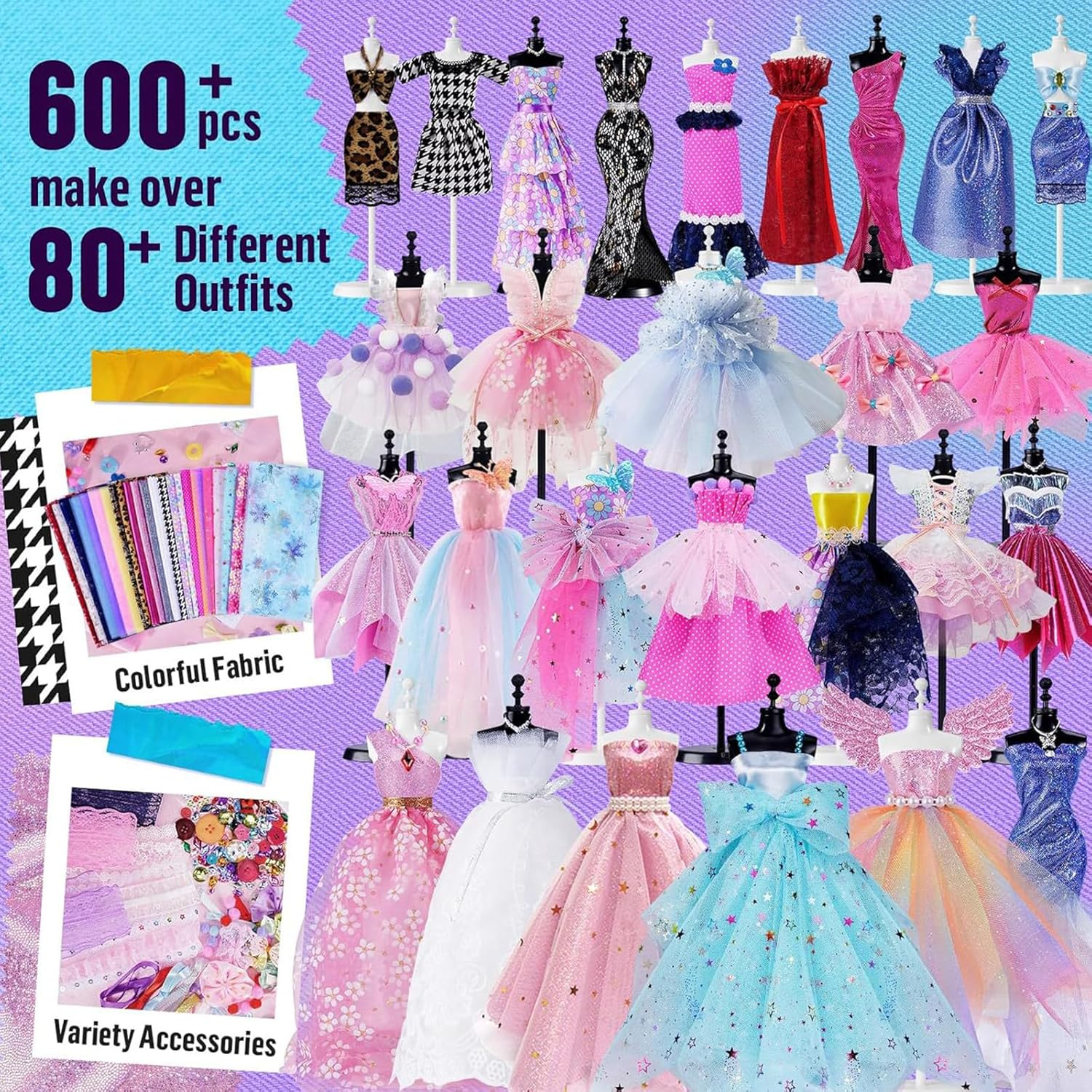 MEIYUETAOSI 600+ Pcs Fashion Design Kit for Girls, Creativity DIY Arts and Crafts Sewing Kit, Doll Clothes Sewing with Mannequins for Kids Ages 8-12+ Birthday Girls Gift image number 5