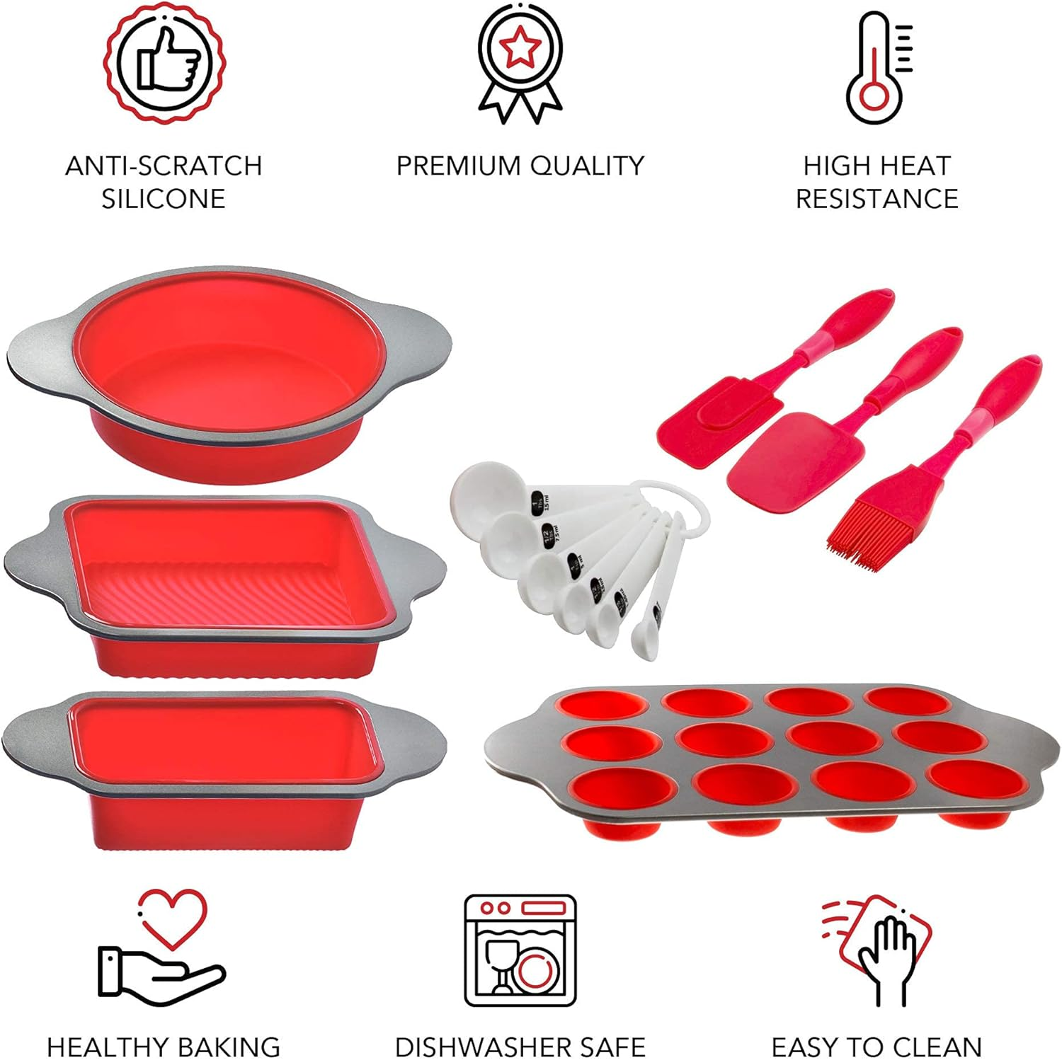 Silicone Baking Molds, Pans and Utensils (Set of 13) by Boxiki Kitchen | Silicone Cake Pan, Brownie Pan, Loaf Pan, Muffin Mold, 2 Spatulas, Brush and 6 Measuring Spoons image number 5