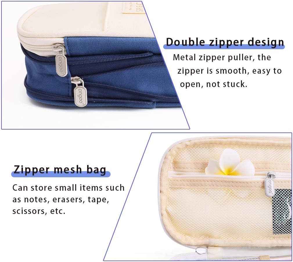 Isuperb Large Pencil Case Pen Holder with Zipper Beige and Blue Colour Clash Pencil Bag with Compartment Large Capacity Canvas Stationery Storage Bag Deformable Zipper Pencil Box for School or Office