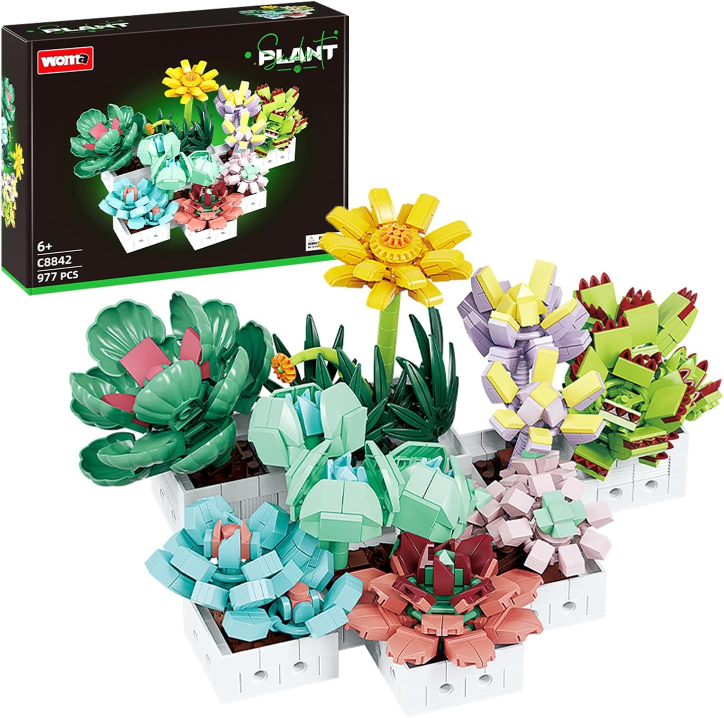 WOMA Succulent Flowers Building Block Set, Botanical Building Blocks for Child 6 and Up, Succulents Bonsai Building Toys, Creative Flowers Building Project for Adults, 977 PCS Easy to Build image number 4