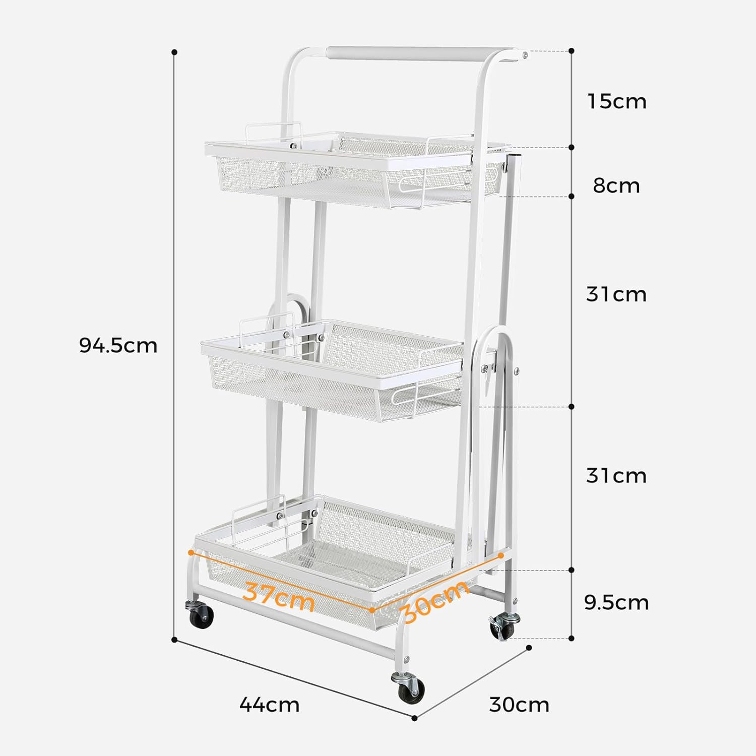 Levede 3 Tier Kitchen Trolley Cart Mobile Foldable Vegetable Storage Shelf Removable Basket, 90&deg;-180&deg; Rotatable Flat Rolling Fruit Organizer Rack with Brake for Living Room,Laundry,30Kg Capacity White image number 3