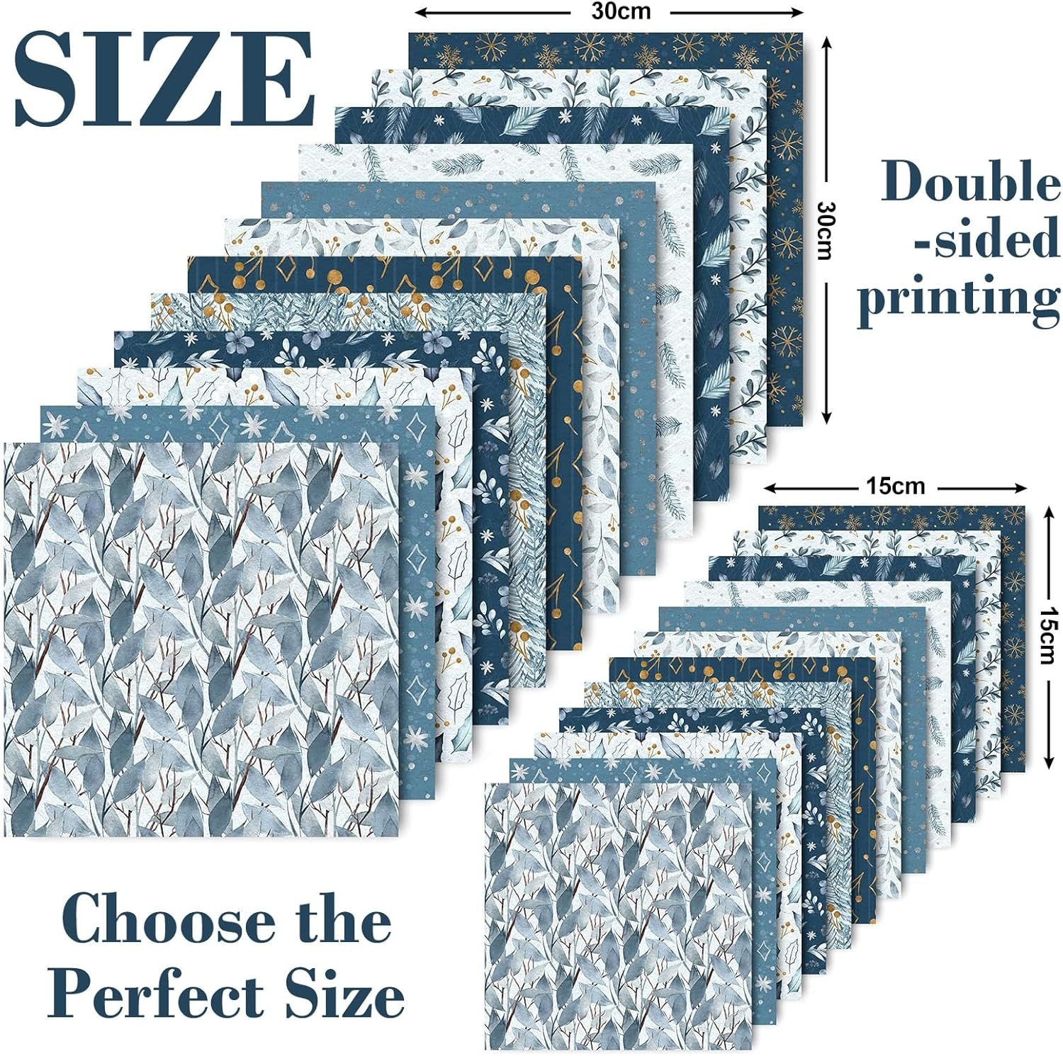 Whaline 24 Pack Christmas Pattern Paper 30X30Cm Watercolor Winter Scrapbook Paper Double-Sided White Blue Snowflake Craft Paper Folded Flat for DIY Card Making Scrapbook Photo Album Decor, 12 Designs image number 2