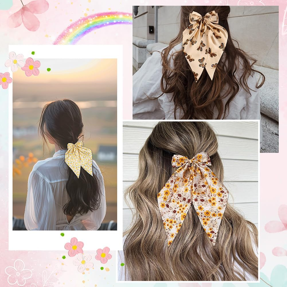 SOFPLATE 1 Box 5 Styles Women'S Hair Bow Coquette Bows Large Quantity Soft Ribbon Long Tail Floral Pattern Spring Butterfly Sun Flowers Bow Hair Clips for Women Everyday Wear image number 3