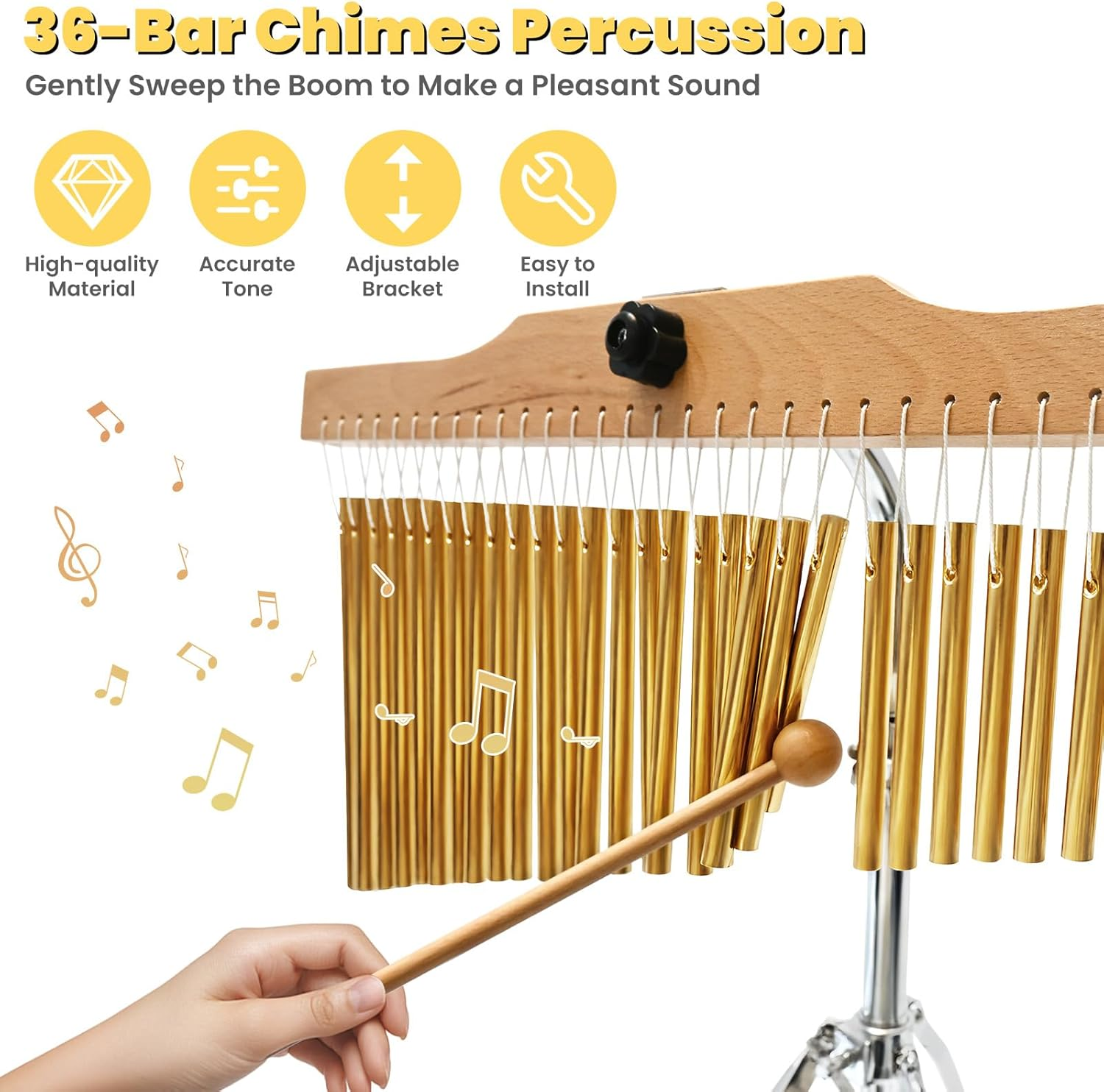 SOCROTO 36-Bar Chimes Percussion 36 Notes Chimes Musical Instruments Single-Row Wind Chimes with 2.5-4FT Adjustable Stand Musical Chimes Percussion for Orchestras Choirs Classrooms Church Bands image number 3