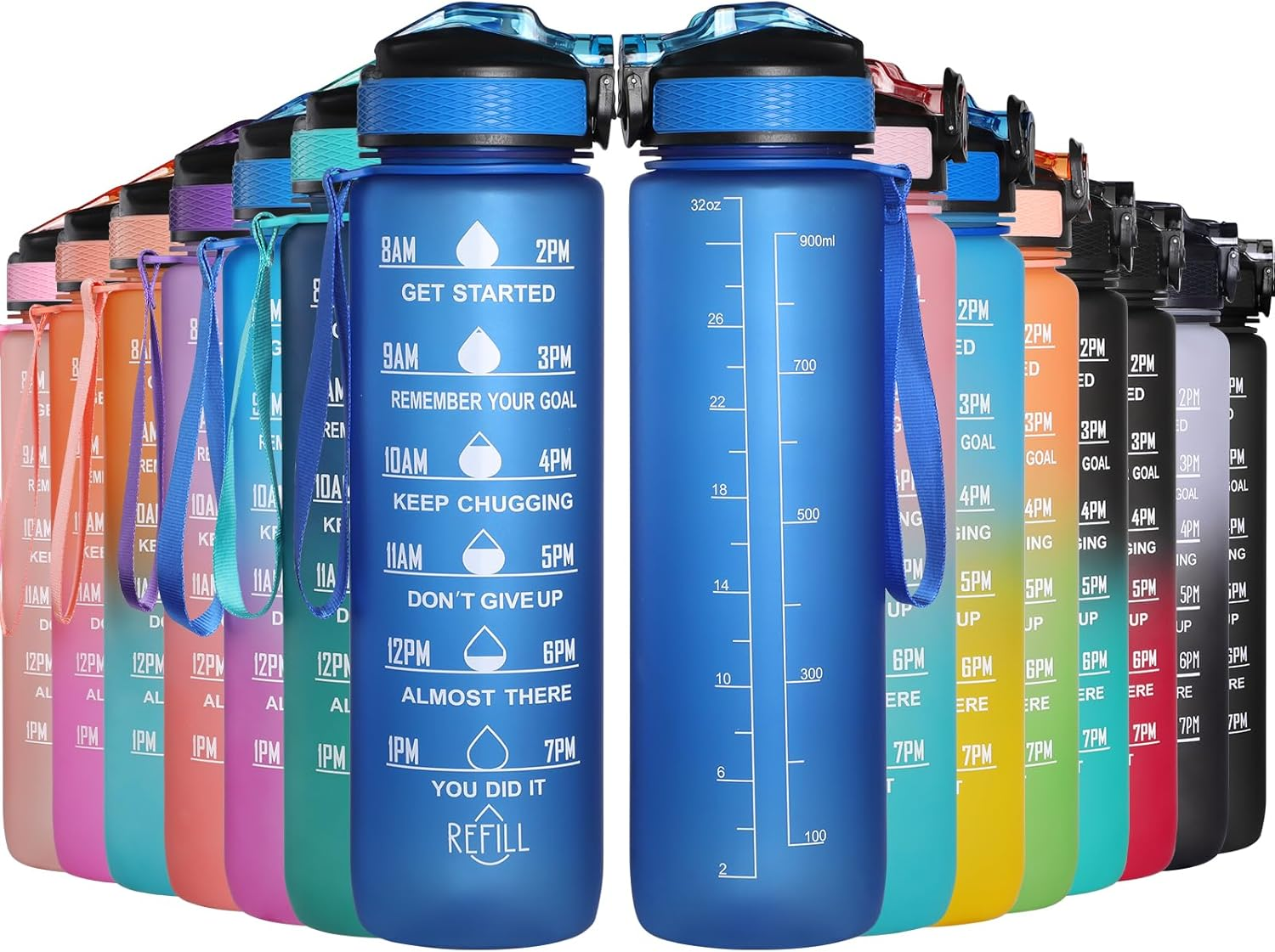 Geeric Sports Water Bottle, 1 Litre Drinking Bottle with Scale & Time Marker Leak-Proof Large Capacity Bottle Straw Cap Durable for Teenager, Adult, Sports, Gym, Fitness, Outdoor, Cycling 32Oz/1000Ml