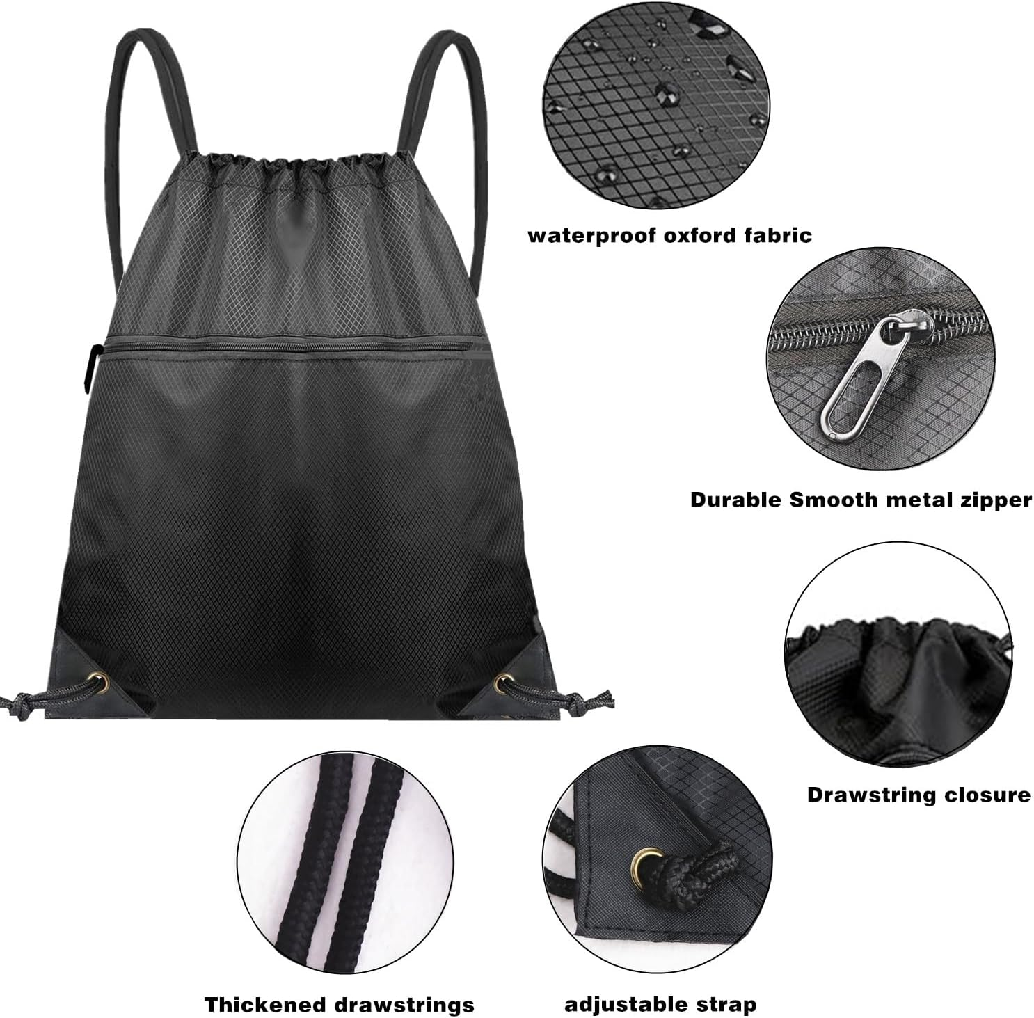 Drawstring Backpack Bag, Waterproof Gym Drawstring Bags, Draw String Back Pack with Pockets, Cinch Bags Drawstring with Zipper, Travel Beach Bag for Men Women Gym Sports (Black)