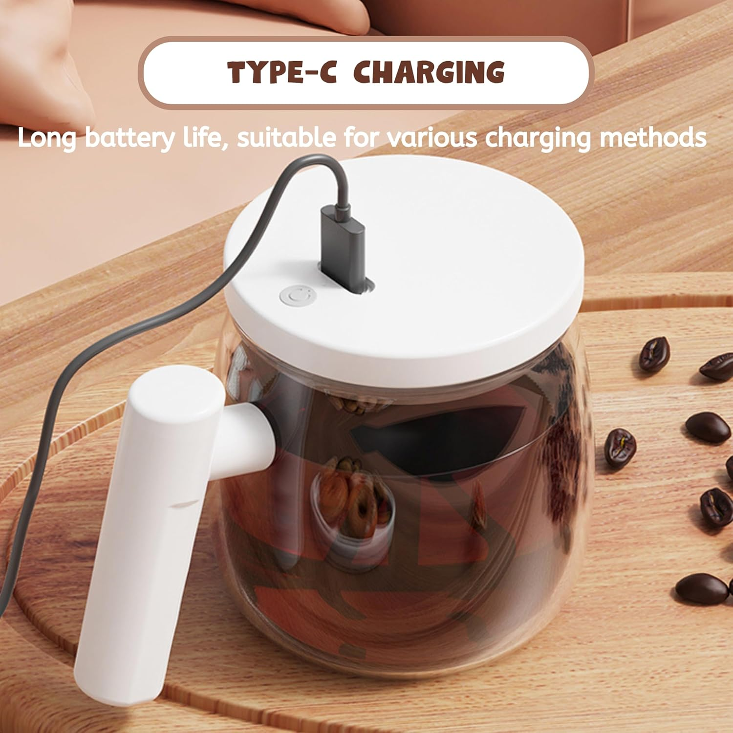 Electric High Speed Glass Self Stirring Coffee Mug with Lid, Rechargeable Automatic Mixing Cup Spinning Mug, Self Stir Mug with Detachable Stirring Rod for Home Office Travel (Rechargeable) (Khaki) image number 4