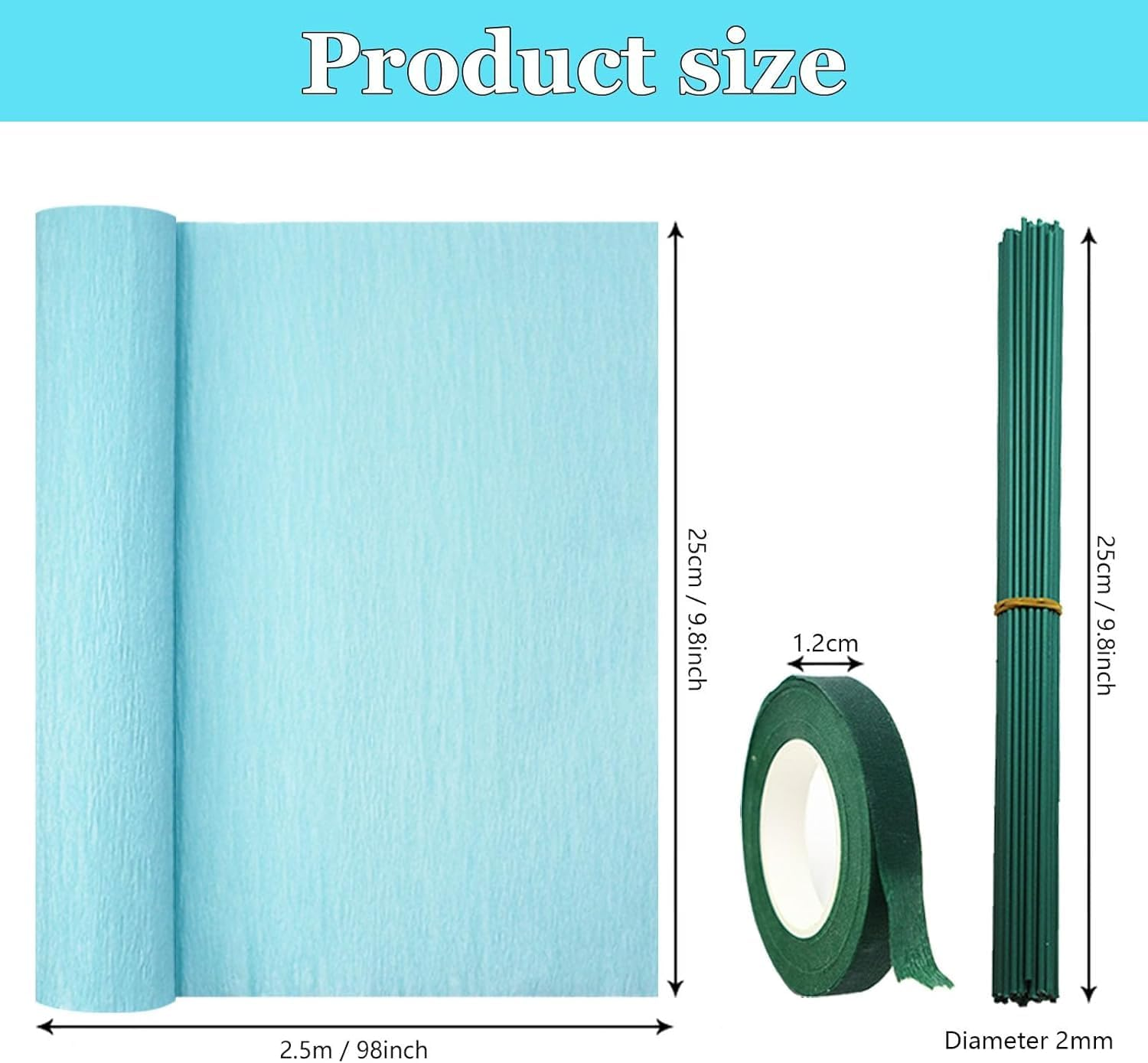 8 Roll Rainbow Crepe Paper Craft Kit25 X 250Cm(10" X8') Includes 50 Sturdy Floral Wires & 1 Stretch Tape，Tear-Resistant Papel Crepe Supplies for DIY Party Decor, Wedding Flowers, Family Crafts(Rainbow Colors) image number 5