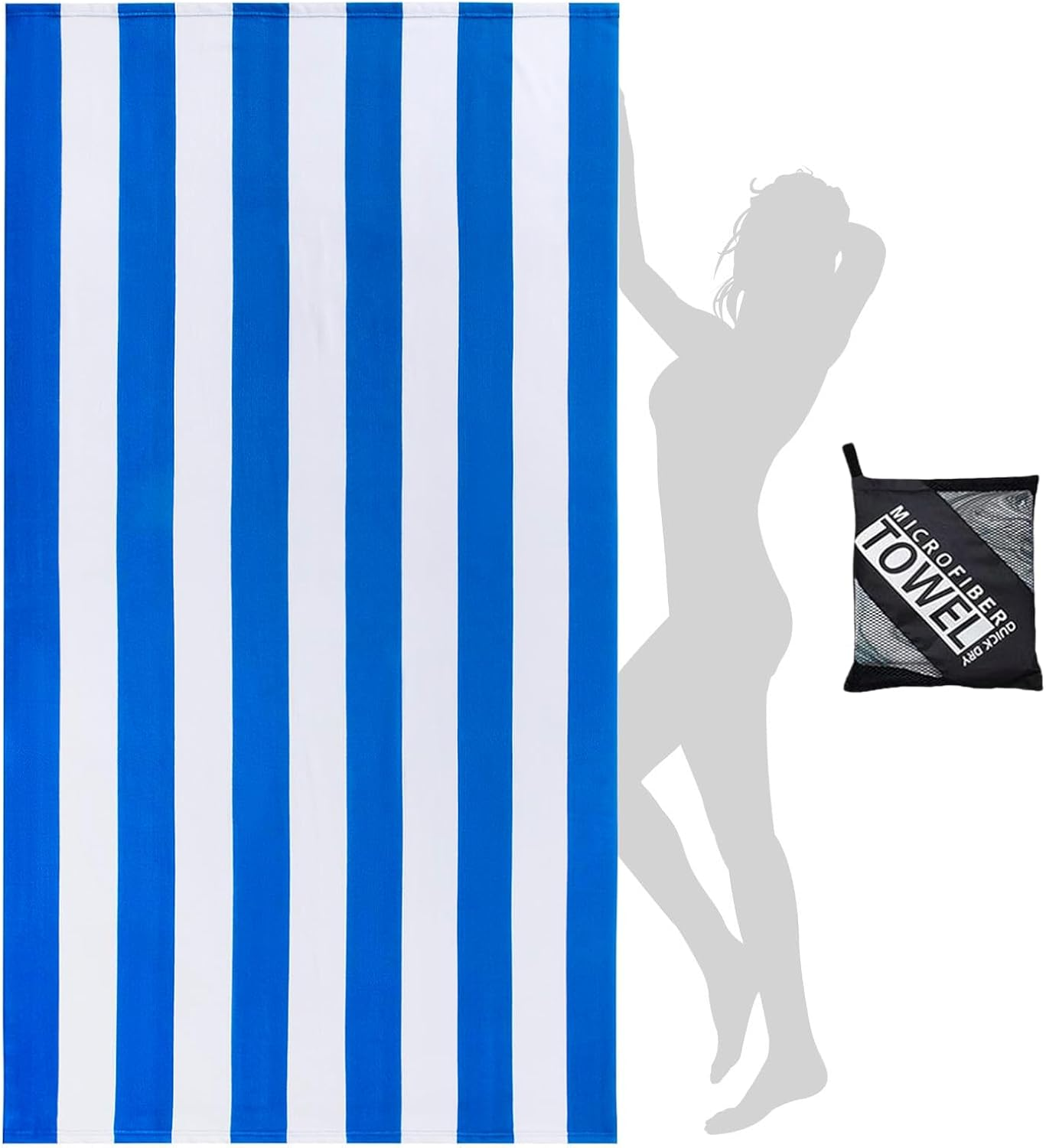 Microfibre Oversized Beach Towel - JOMWEN 180 &times; 90 Cm Quick Dry Striped Pool Towel, Beach Accessories, Extra Large Soft Lightweight Compact Beach Towels with Net Bag for Men Women (Blue, 1 Pack)