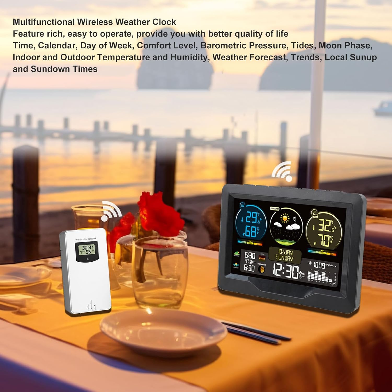 Omabeta 1PCS Digital Weather Station Color Display with Temperature Humidity Monitor/Rain Gauge/Time/Electronic Calendar/Air Pressure/Tide/Moon Phase/Local Sunrise and Sunset Time,16.1 * 11.5 * 3.5Cm image number 4