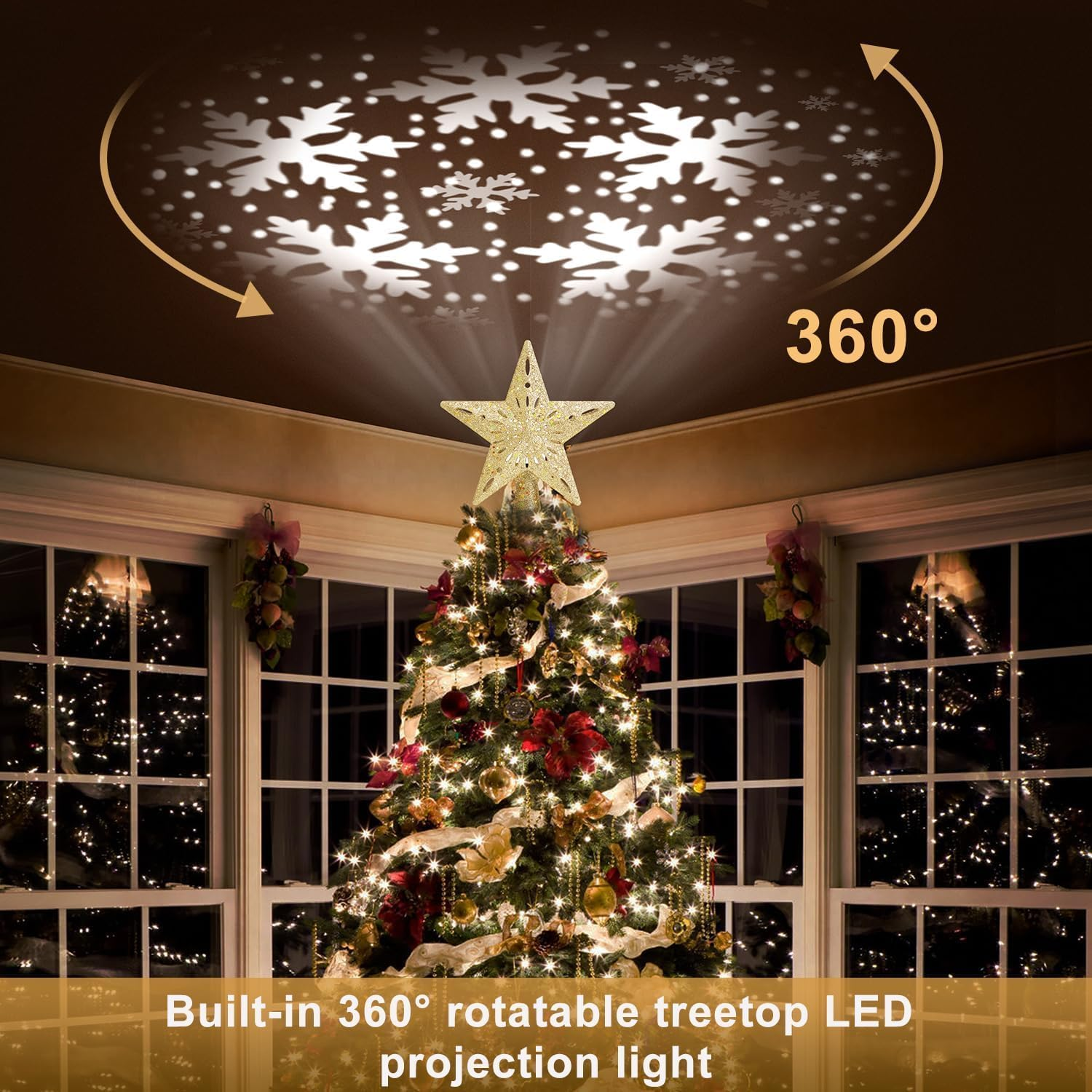 Christmas Tree Topper Lighted Star with 6 Projected Patterns,3D Hollow Sparkling Star Christmas Tree Topper with Rotating Magic Projector for Christmas Tree Ornament image number 3