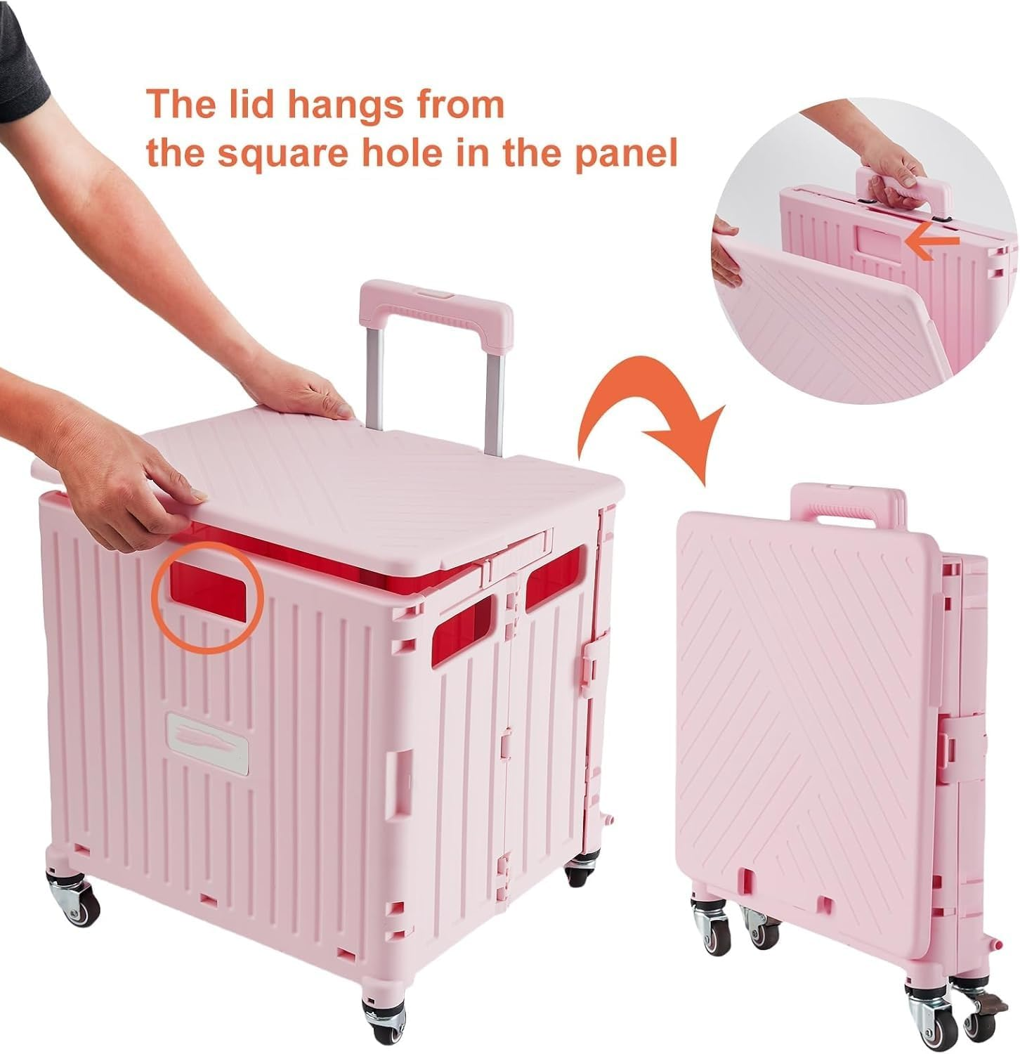 Folding Utility Cart with 4 Wheels, Black Foldable Cart with Telescoping Handle, Collapsible Cart with Wheels, Foldable Rolling Cart for Shopping, Office, Grocery Storage (Pink-65L) image number 5