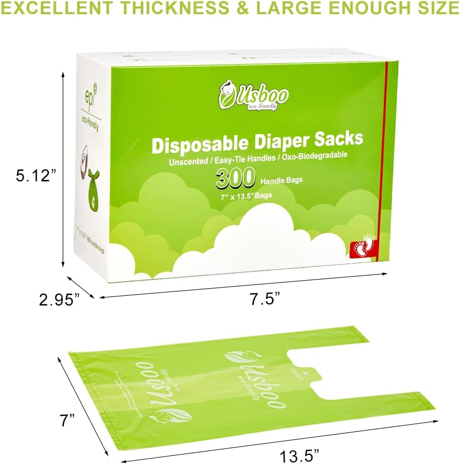 Baby Disposable Diaper Bags,300 Count Oxo-Biodegradable Diaper Sacks,Easy-Tie Handles,Diaper Disposal or Pet Waste Bags, Unscented - Green image number 4