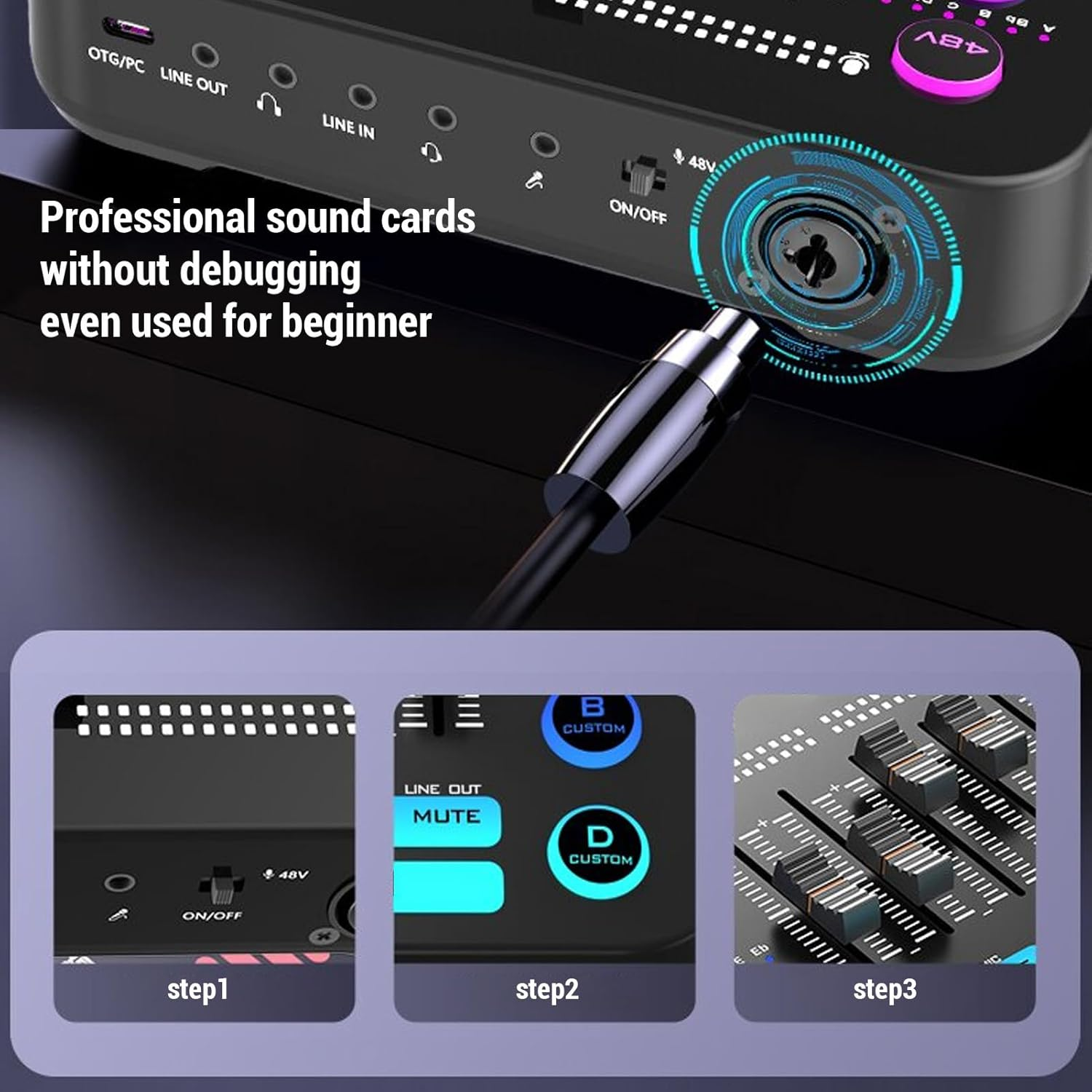 Gaming Audio Mixer, RGB Live Streaming Sound Card with Preamplifier, Bluetooth 5.3 Streaming PC Mixer, 48V Phantom Power for Live Streaming, Podcasting