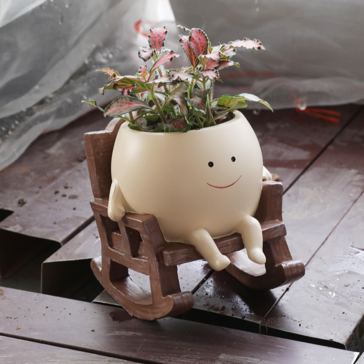 Smily Face Planter Pot Cute Resin Flower Head Planters for Indoor Outdoor Plants Unique Sitting Rocking Chairs Succulent Pots for String of Pearls Plant Live Gift Ideals with Drainage Hole image number 4