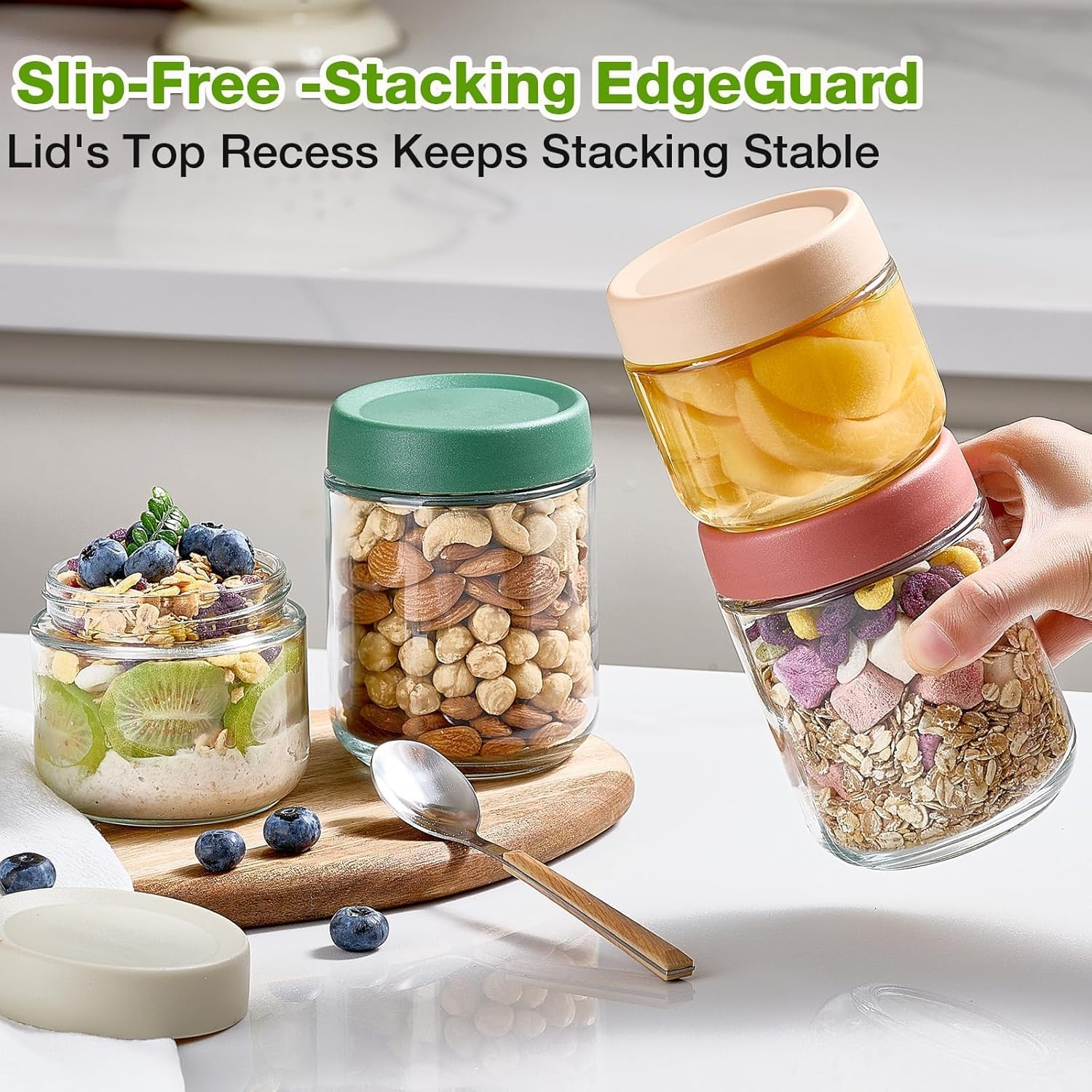 Misenfar 8 Pack 480/350Ml(16/12Oz) Overnight Oats Containers with Lids, Wide Mouth Glass Jars with Airtight Lids, Glass Food Storage Containers for Yogurt, Salad, Chia Pudding, Snacks, Cereal & Spices