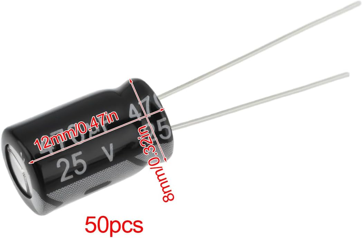 Be in Your Mind 50Pcs Electrolytic Capacitor Radial Leads Cylindrical Electrolytic Capacitor 25V 470Uf for Electronics Household Appliances 8X12Mm Black image number 4