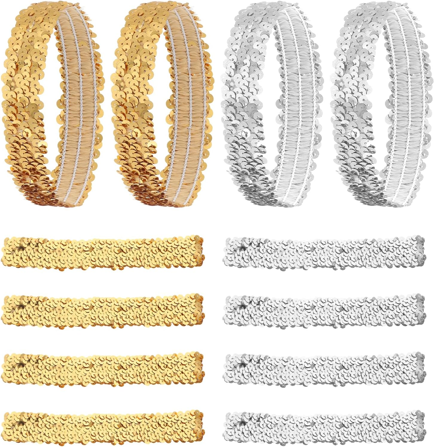 Sequin Headbands 12 Pack - Silver & Gold, Sparkle Disco Adjustable Elastic Glitter Head Bands for Girls & Women, Sparkly Fashion Elastic Headbands for Dance Party image number 5