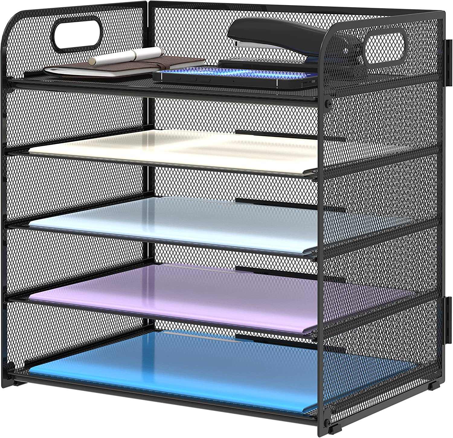 Supeasy 5 Trays Paper Organizer Letter Tray with Handle-Mesh Desk File Organizer,Black Paper Sorter Desk Organizer for Office,Home or School