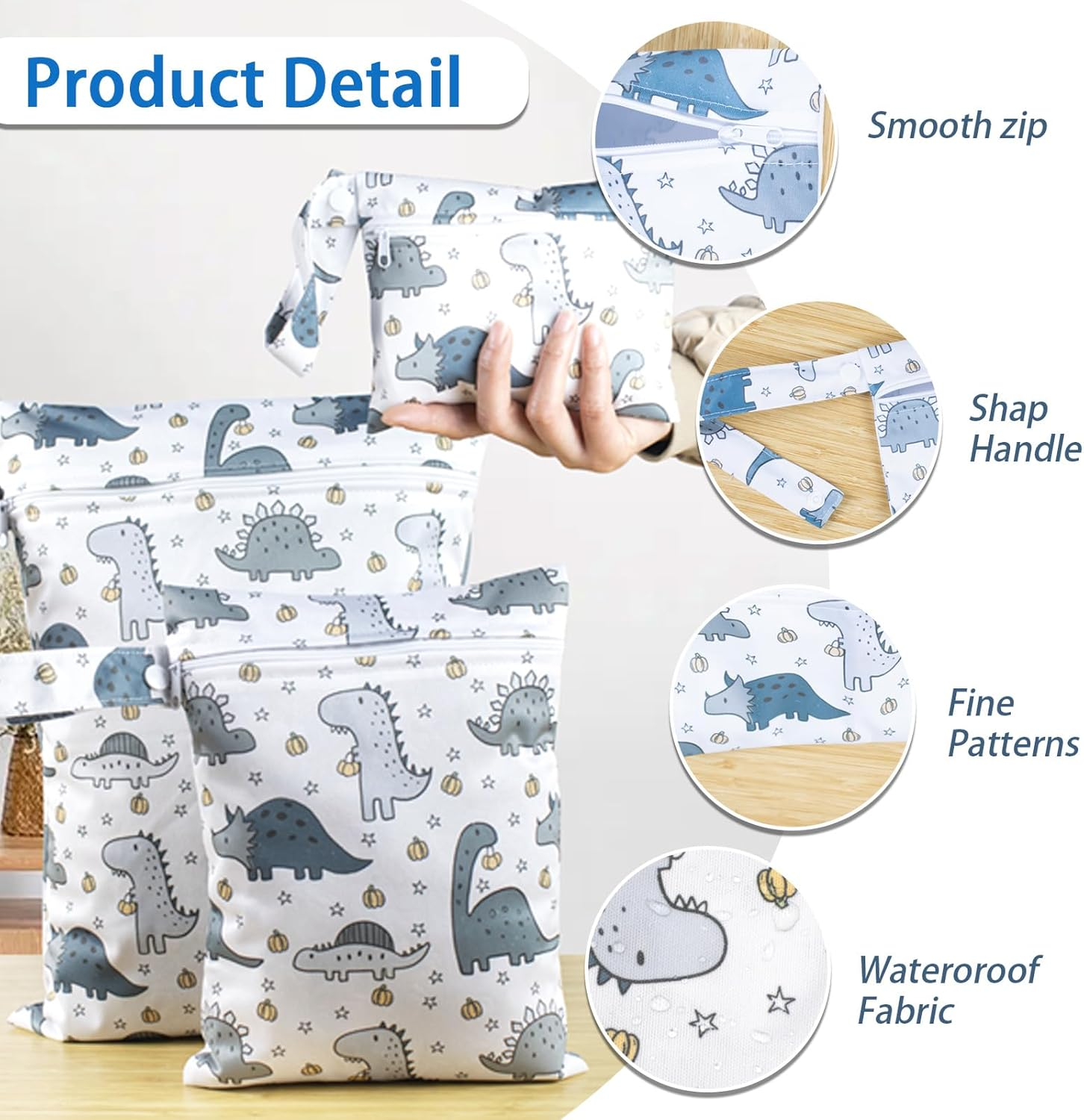 Pack of 3 Dinosaur Motifs Wet Bags Nappy Bag, Wetbag, Wetbag, Nursery Nappy Bag for on the Go with Zip, Wet Bag, Nappy Bag, Wet Bag, Organiser for Swimming and Travel image number 2