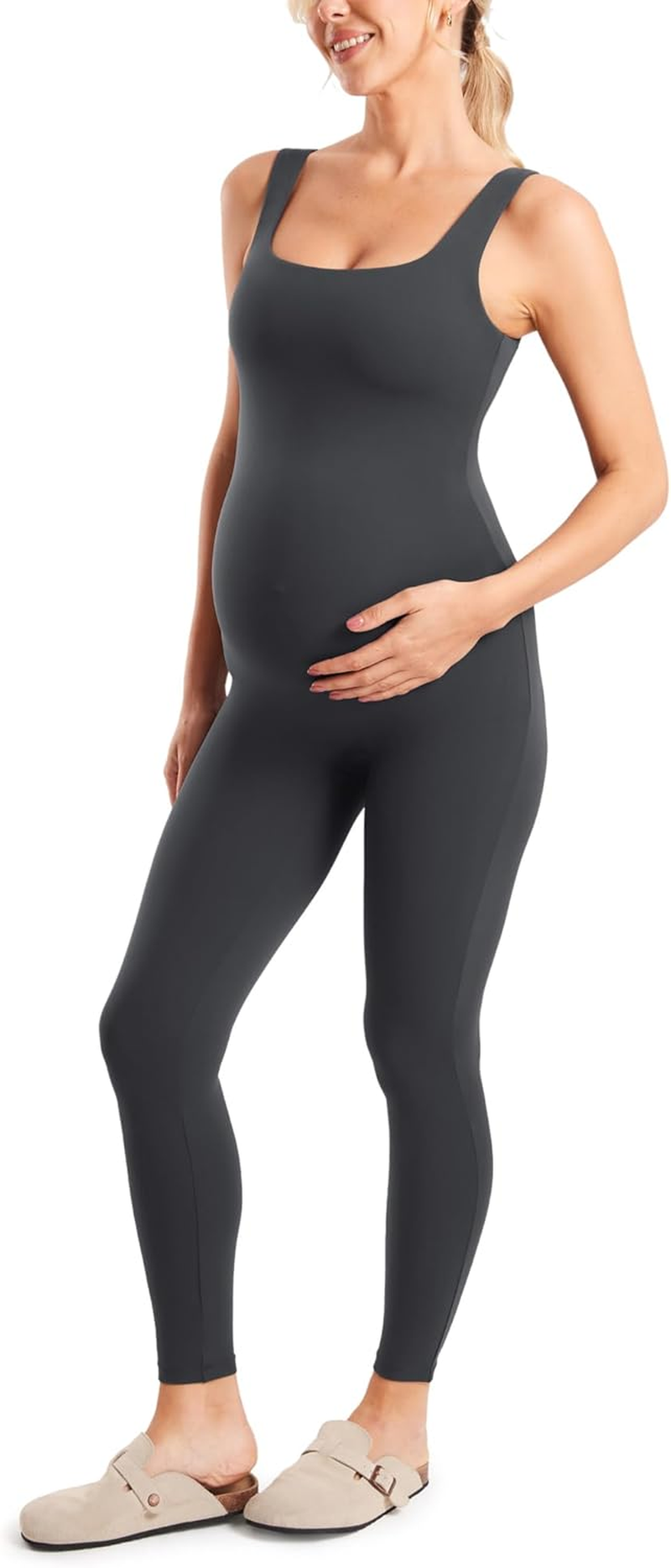 MOMANDA Maternity Jumpsuit Workout Romper for Pregnancy Seamless Leggings Bodysuit Sleeveless Square Neck Tank Top