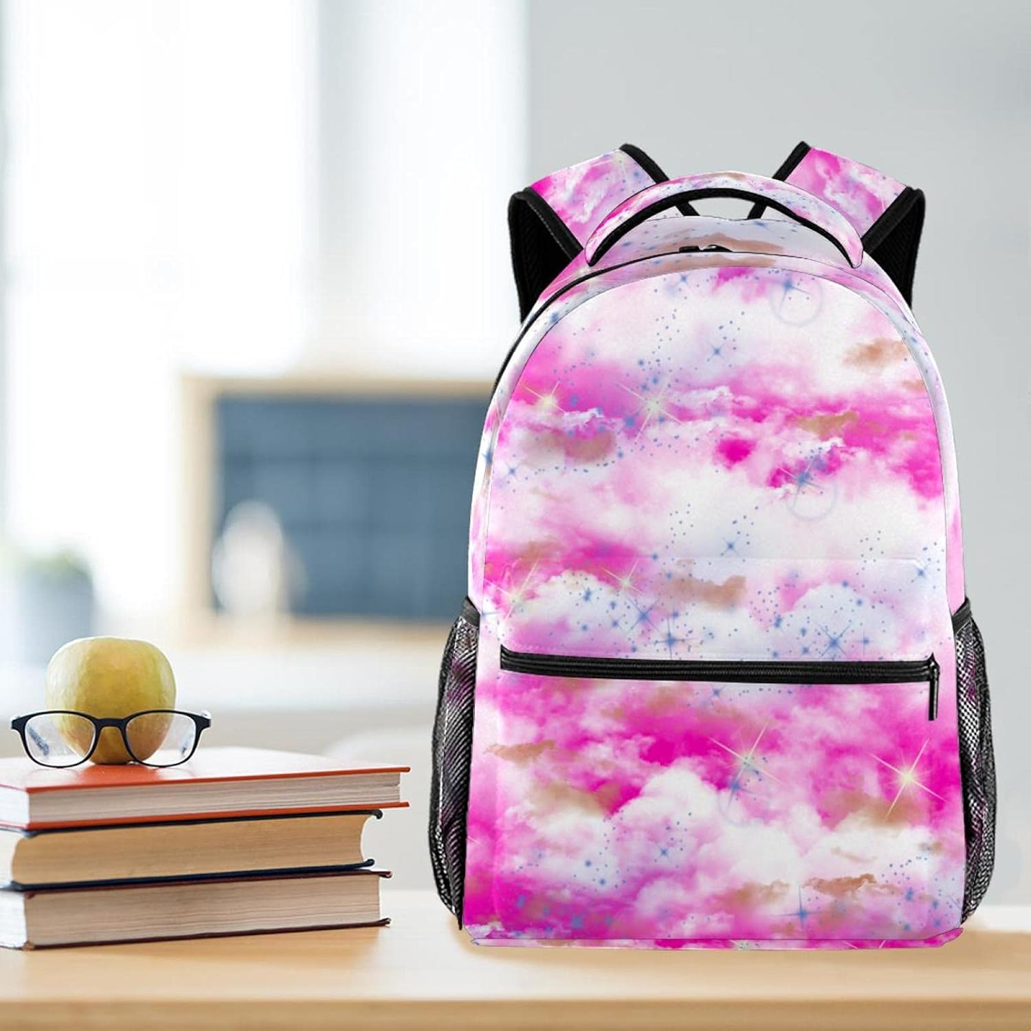 Illustration Pink Sky Twirls White-Blue Clouds Space Design Stars Psychedelic Backpack Students Shoulder Bags Travel Bag College School Tote Backpacks image number 3