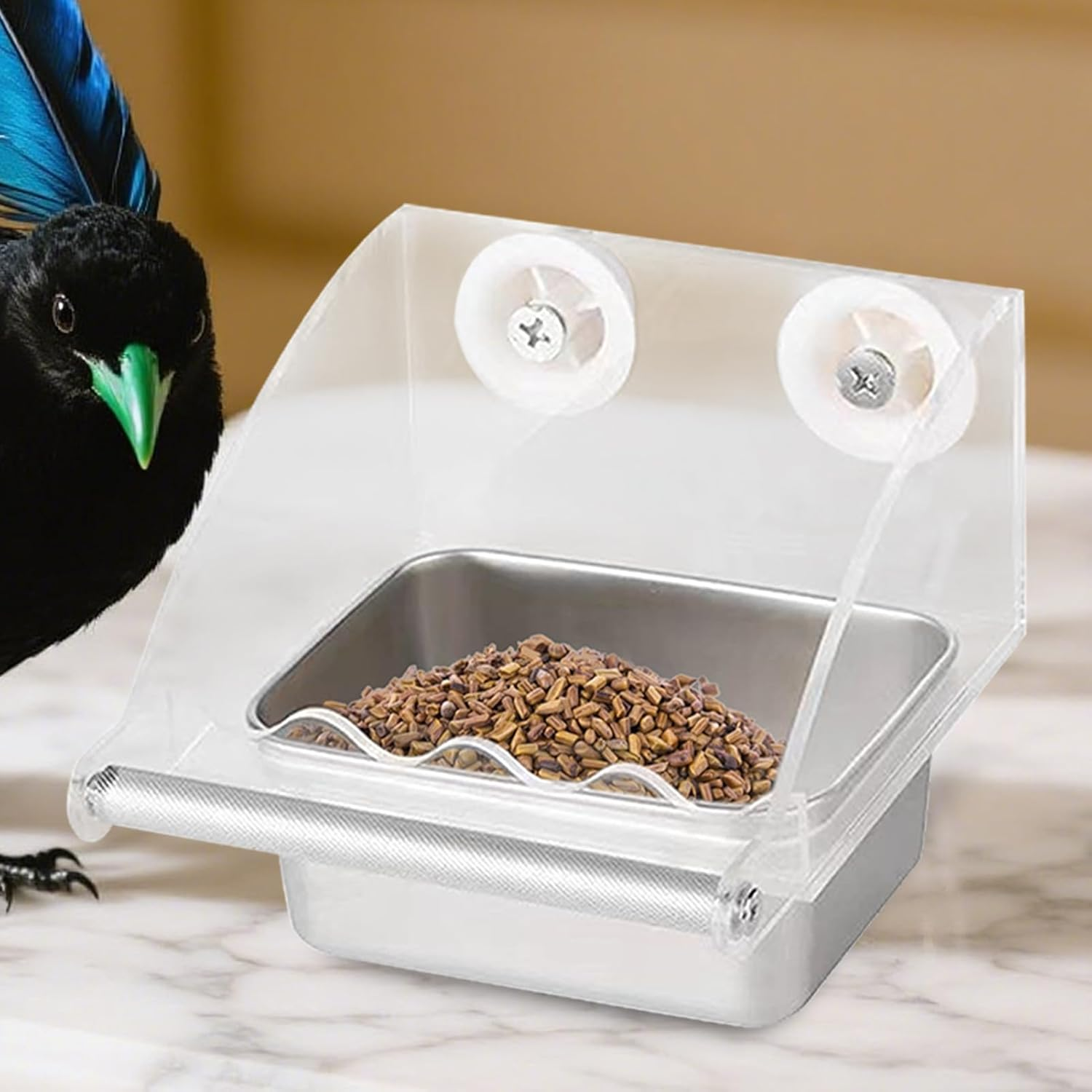 Parakeet Feeder - Clear Bird Feeder inside Cage | with Anti-Slip Bracket Stainless Bowl for Hummingbird Lovebirds Parrots Indoor Garden image number 6