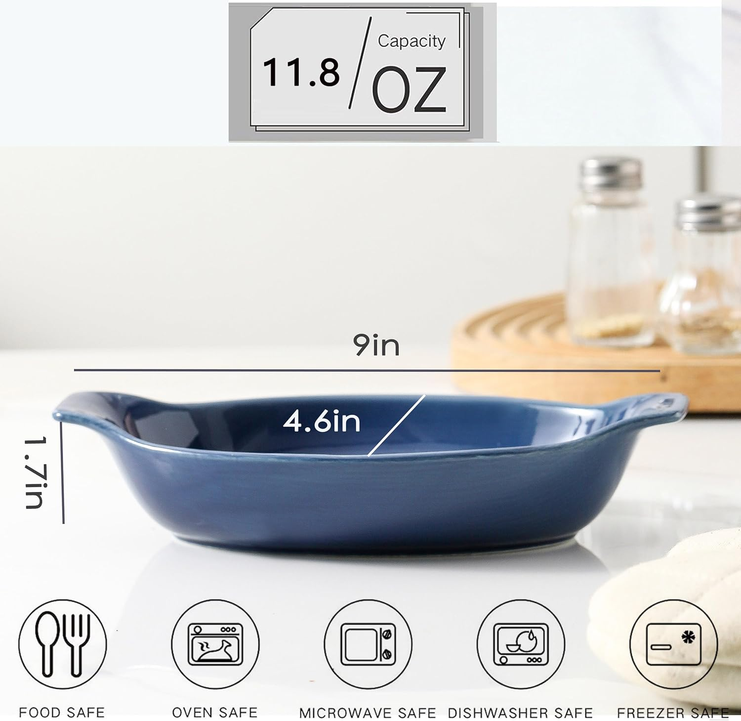 Au Gratin Baking Dishes Oven Safe, Ceramic Oval Baking Dish with Handles, Au Gratin Pans for Lasagna, Small Individual Gratin Dishes, Porcelain Mini Casserole Dish - 11.8Oz - 6Pc Set - Navy Blue image number 1