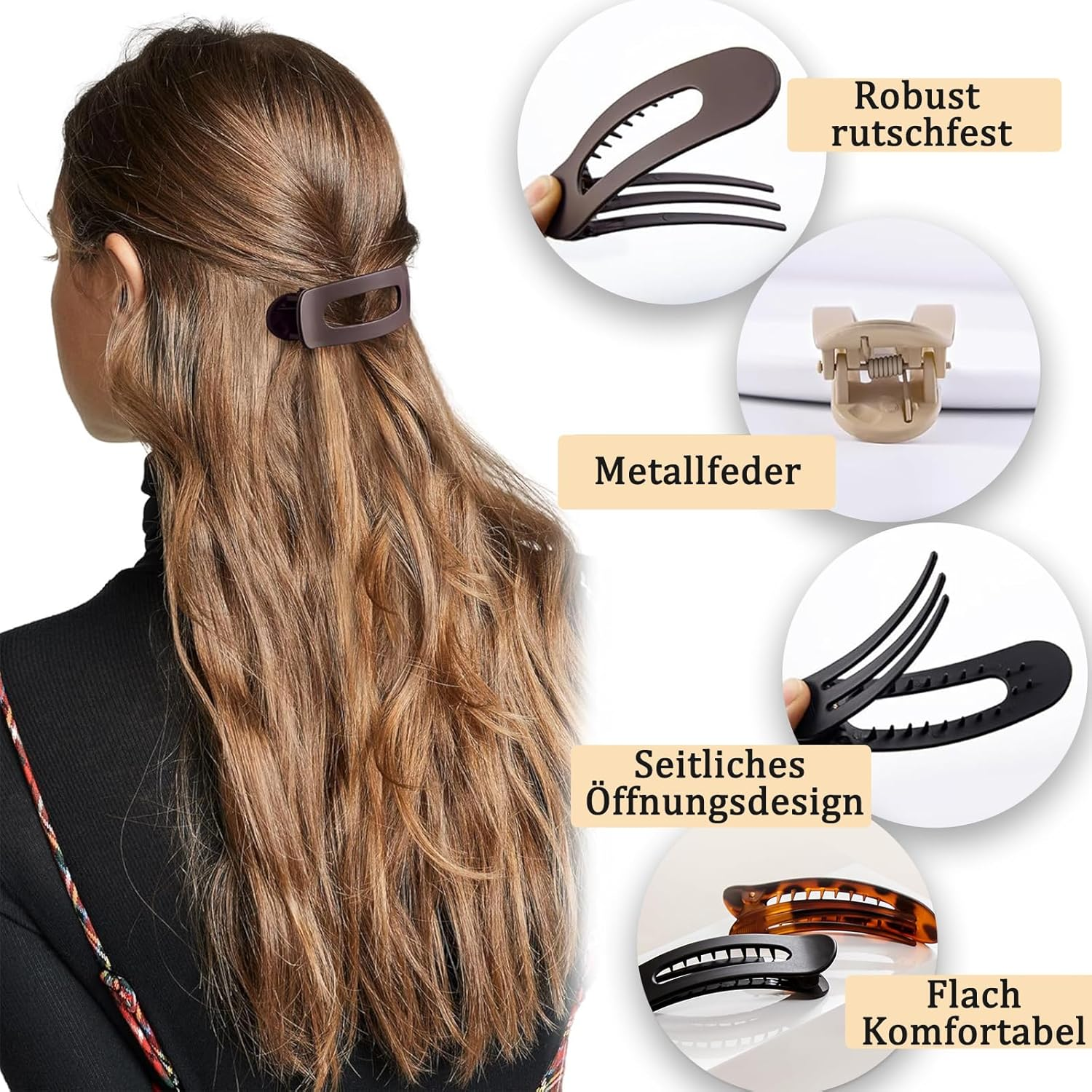 Flat Hair Clip, Pack of 4 Flat Hair Clips, Strong Hold, Non-Slip Hair Clip, Flat for Women, Thin Hair, Thick Hair for Creating Hairstyles (Black, Beige, Khaki, Amber) image number 5