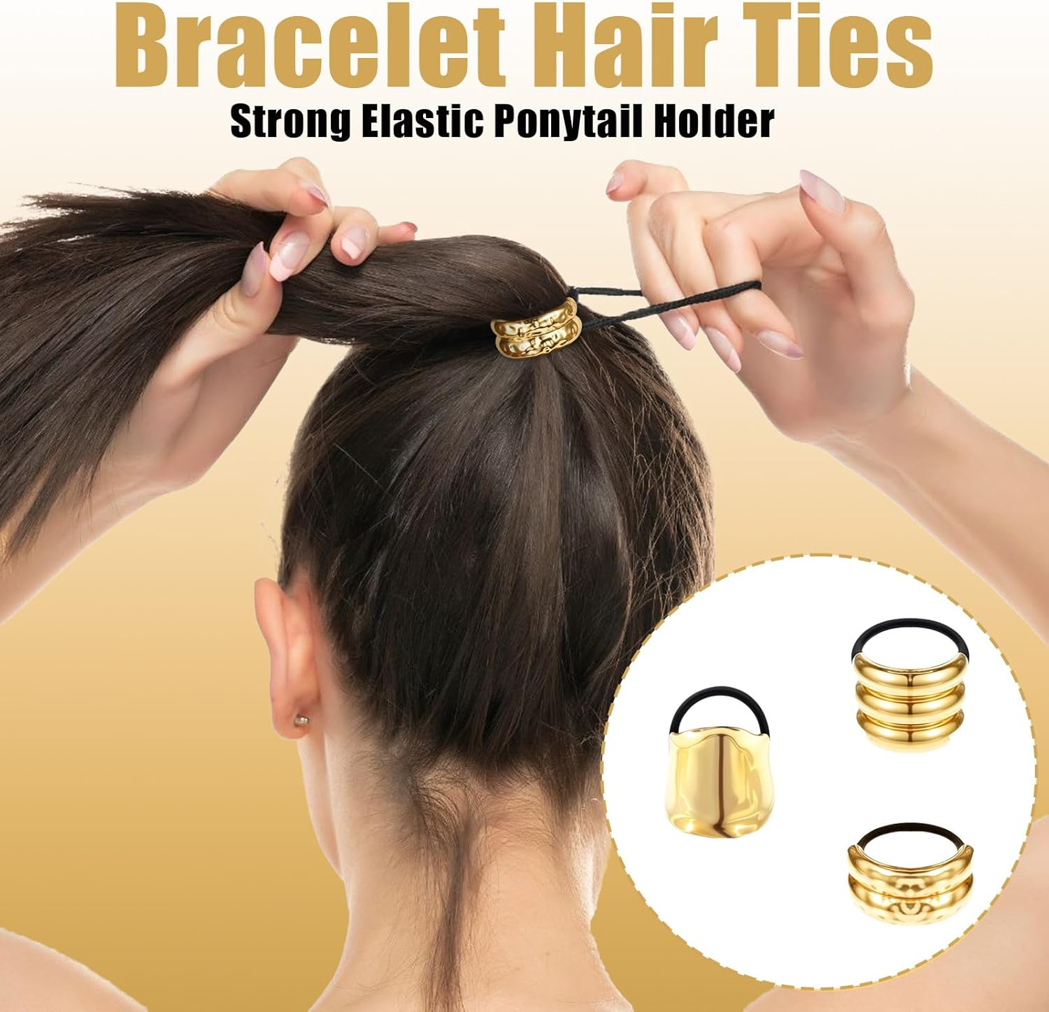 JOOTUEPO 3 PCS Metal Hair Ties for Thick Hair Ponytail Hair Cuff Gold Hair Ties Hair Cuff Wrap Hair Elastic Hairs Ties for Women Long Hairs Ponytail Holder Gold Hair Accessories image number 2