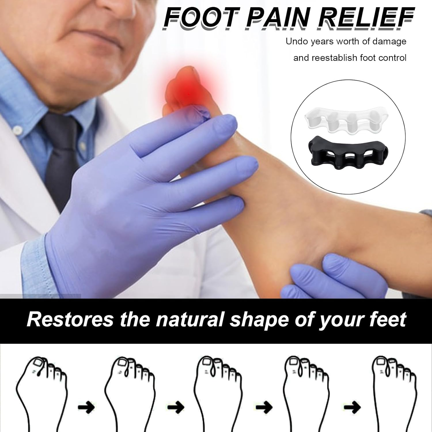 2 Pairs Soft Gel Toe Separators Bunion Corrector Toe Straightener Toe Spacers Big Toe Stretcher for Pain Relief (Black+White)