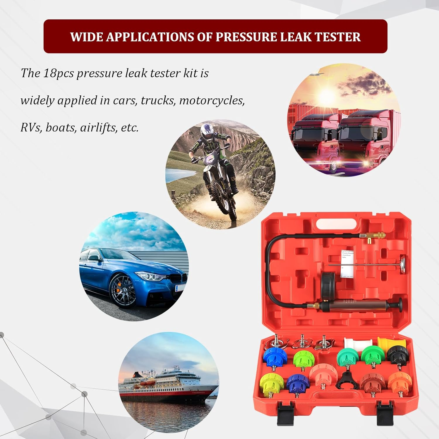 PB Motor Tech 18PCS Radiator Pressure Tester Kit, Automotive Cooling System Leak Detection Tool for Water Tanks image number 2