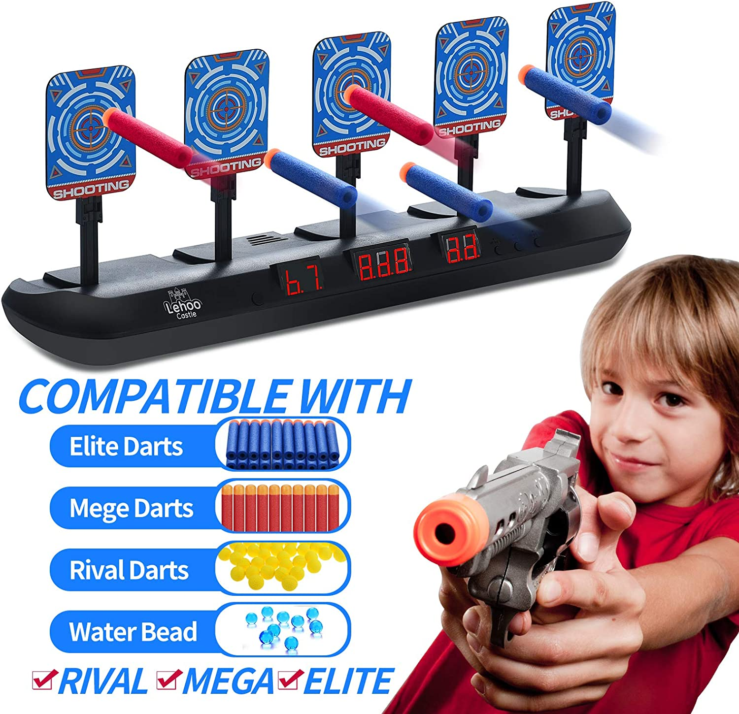 Lehoo Castle Nerf Target Set, 5 Electronic Digital Targets for Nerf Guns, Auto-Reset, Scoring, Includes 20 Bullets, Wrist Bands, Stickers, Outdoor Game for Boys & Girls, Ages 6+ image number 5