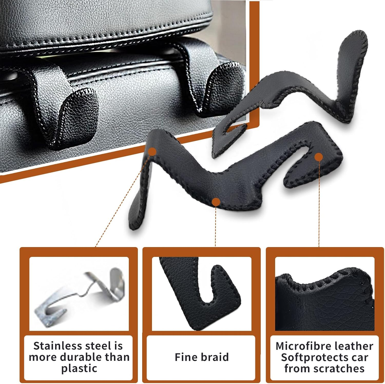 2Pcs Car Hooks Universal Back Seat Hanger Hooks,Black Leather image number 5