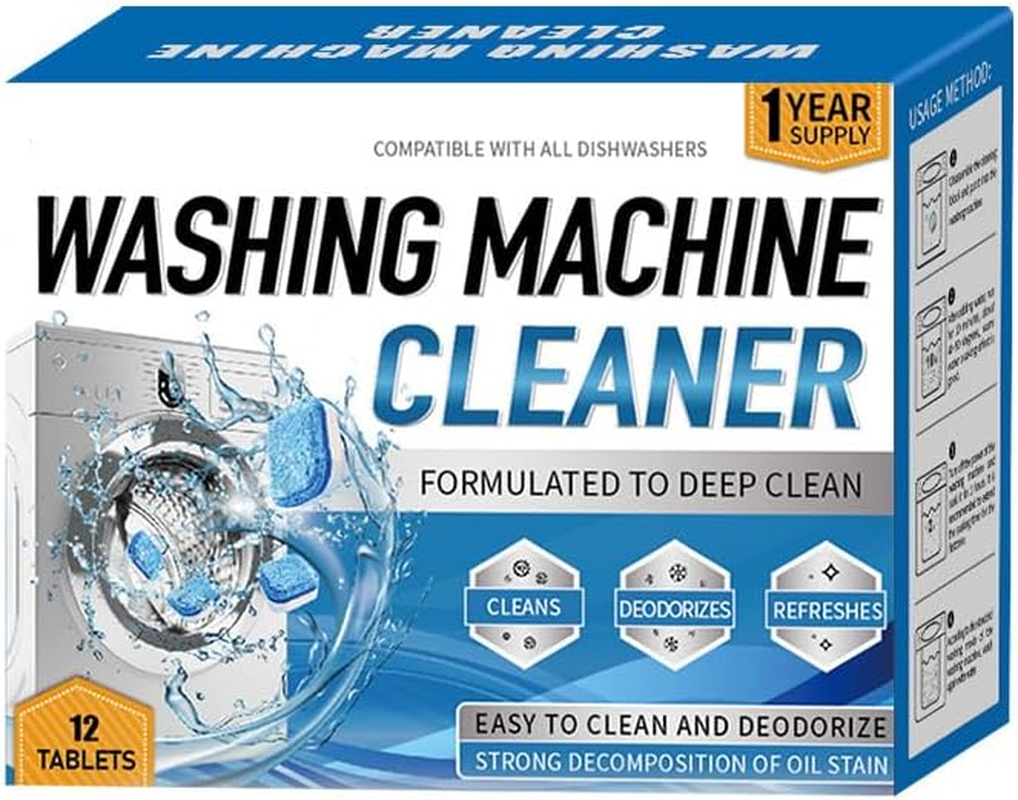 Washing Machine Cleaner Tablets 12 Pack Powerful Descaler -Deep Cleaning for HE Front Loader & Top Load Washer Septic Safe Eco-Friendly Deodorizer Clean Drum & Laundry Tub Seal- Year'S Supply