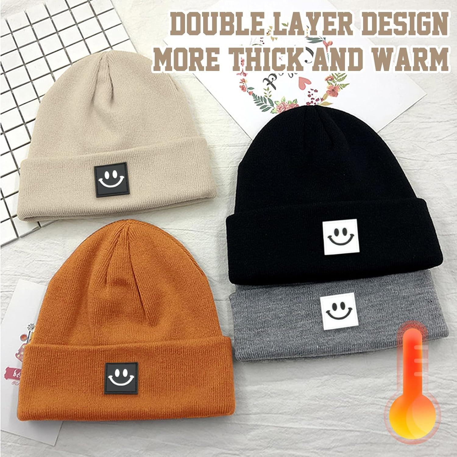 Viiotu Smile Men Beanie, Beanie Hats for Women Warm, Mens Beanie Soft Unisex Knit Hat Beanie for Winter - Grey image number 4