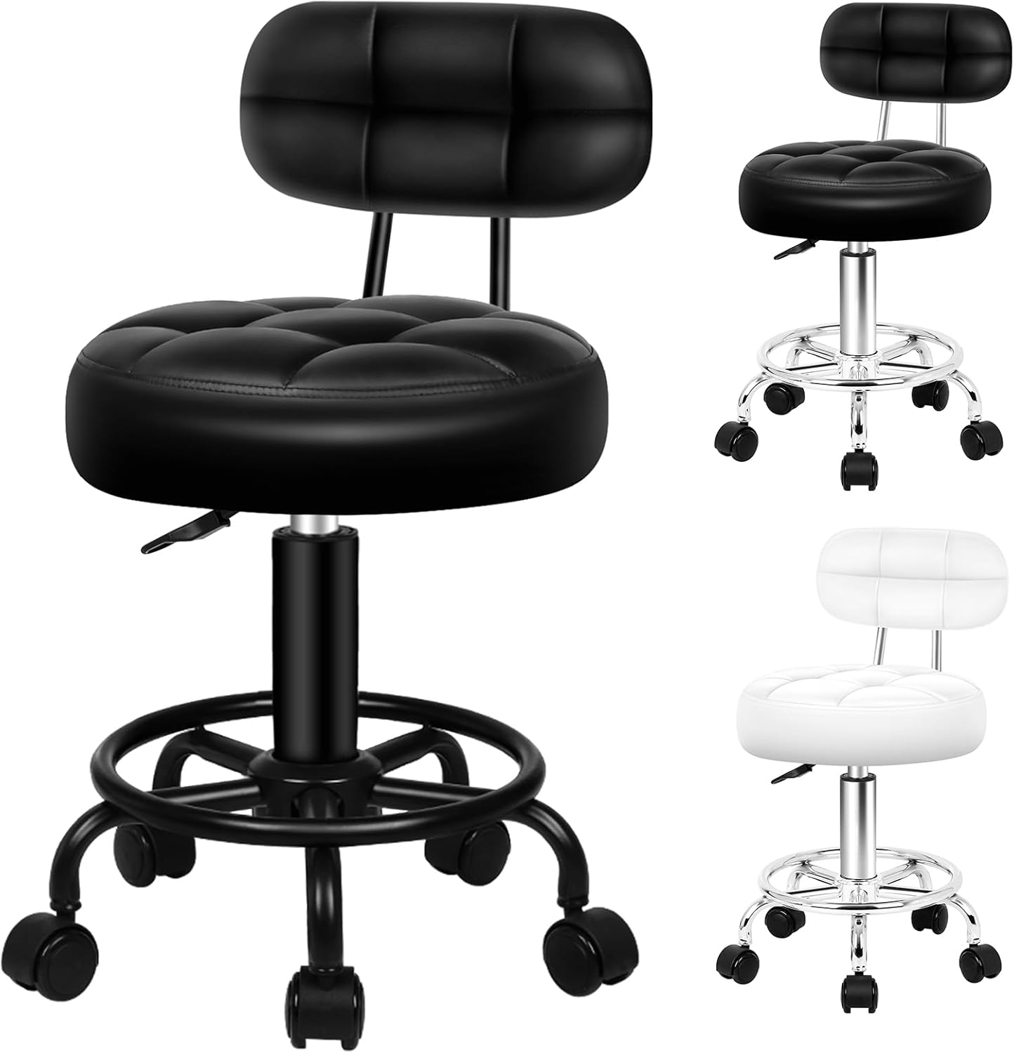 ALFORDSON round Salon Stool PU Leather Upholstery with Backrest, Adjustable Drafting Rolling Stools in 52-67Cm Height, Swivel Spa Chair with Footrest for Hair Barber Massage Table(Riley All Black)