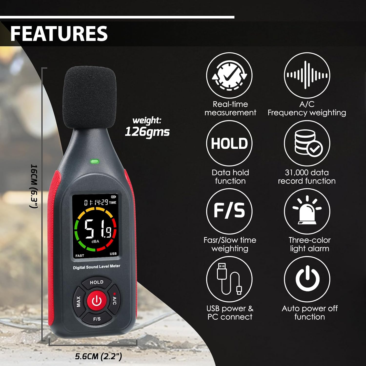 Decibel Meter Data Logger Portable Sound Decibel Meter, Sound Level Meter with 31,000 Data Record & Export, Rechargeable Noise Meter with A/C Frequency DC Output, 3-Color Alarm, Real Time Measurement image number 3