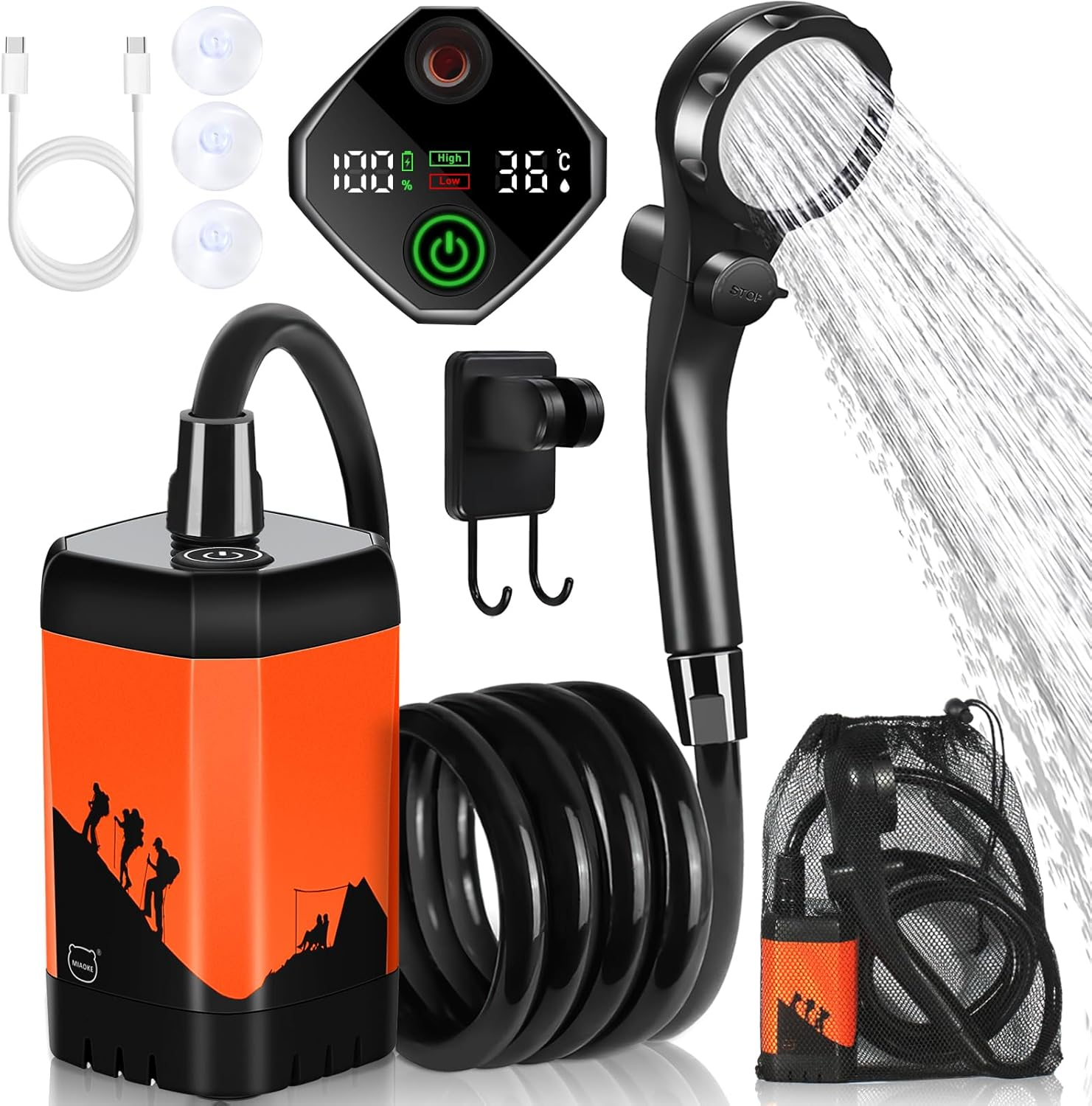 MIAOKE Upgrade Portable Camping Shower, 7800Mah Electric Outdoor Shower, Rechargeable Pump with Intelligent Digital Display, Temperature Display, Shower Head for Camping, Hiking