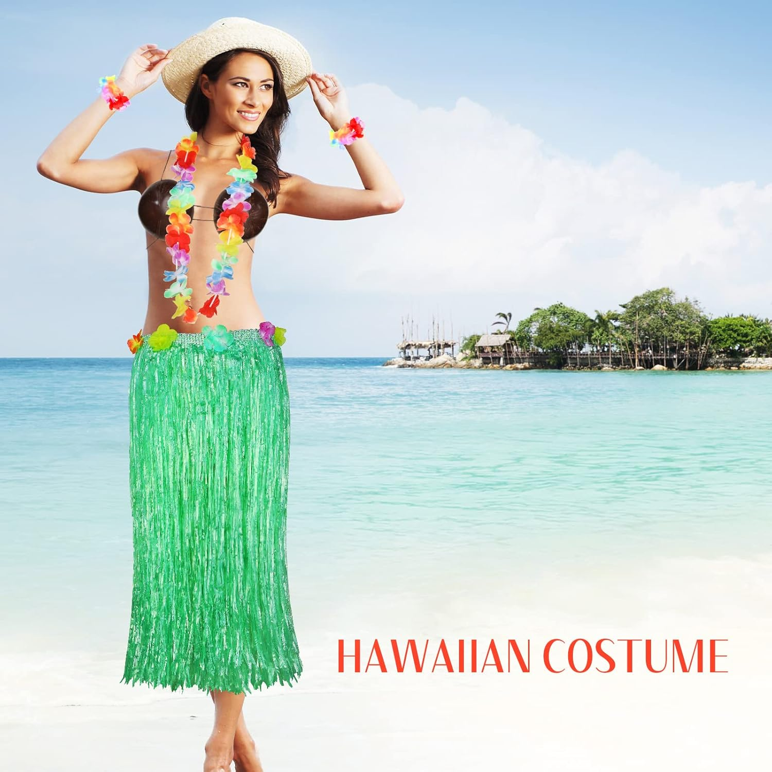 6 Pcs Coconut Bra Hawaiian Grass Hula Skirt Costume Set 31.5 Inch Dance Leis Outfit for Women Luau Party Supplies image number 3