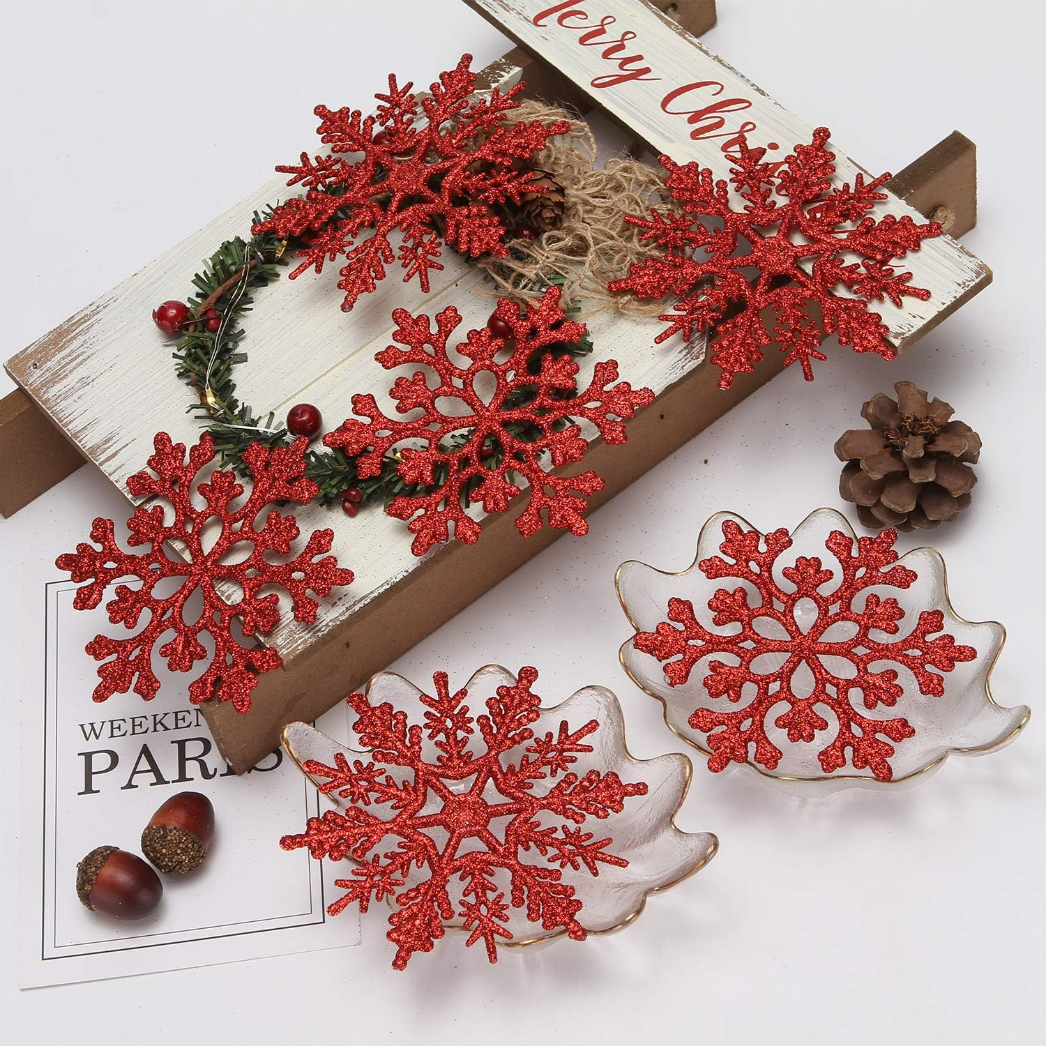 Sea Team Plastic Christmas Glitter Snowflake Ornaments Christmas Tree Decorations, 4-Inch, Set of 36, Red